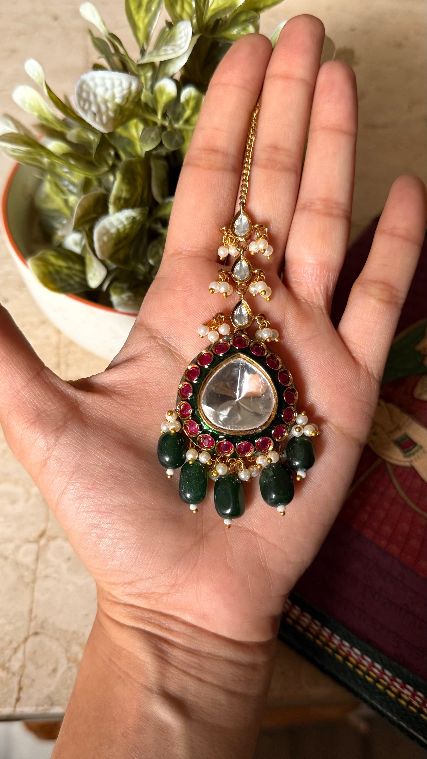 Emerald meenakari & ruby polki maangtika