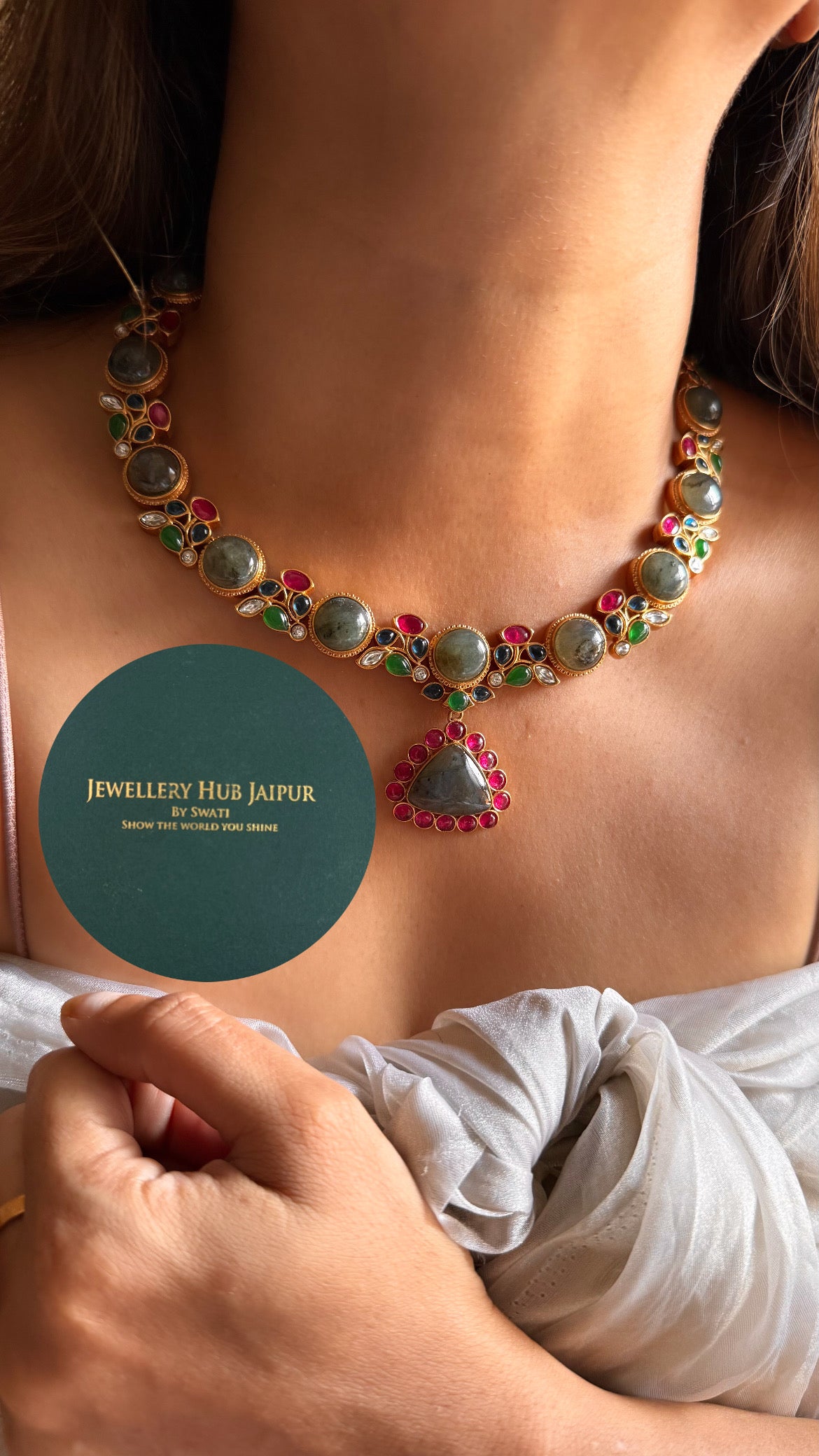Amrapali inspired Natural stone Rani pink, sapphire and emerald with real stone collar set