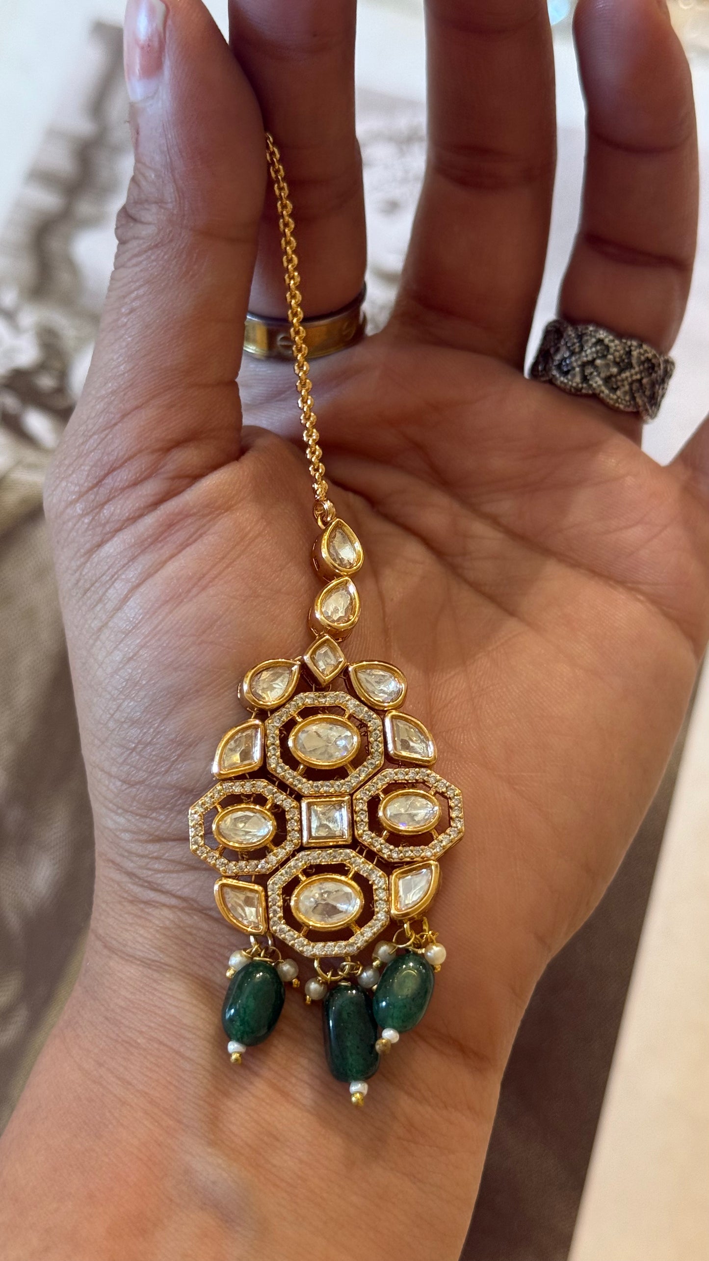 Polki maangtika with emerald drop