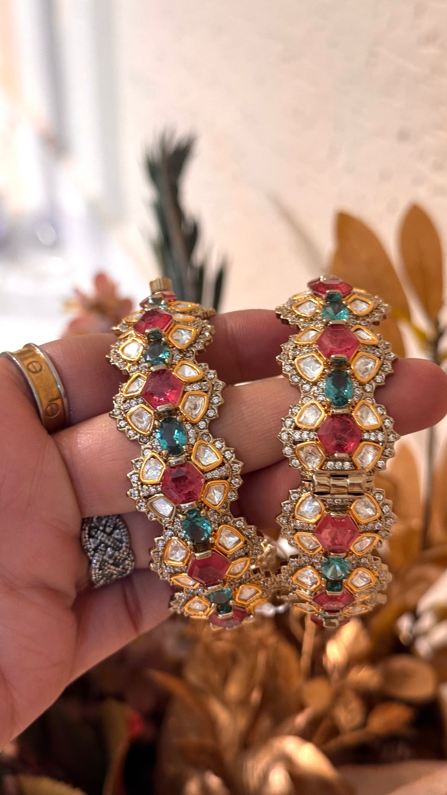 Turquoise & Mauve Moissanite Polki Bangles