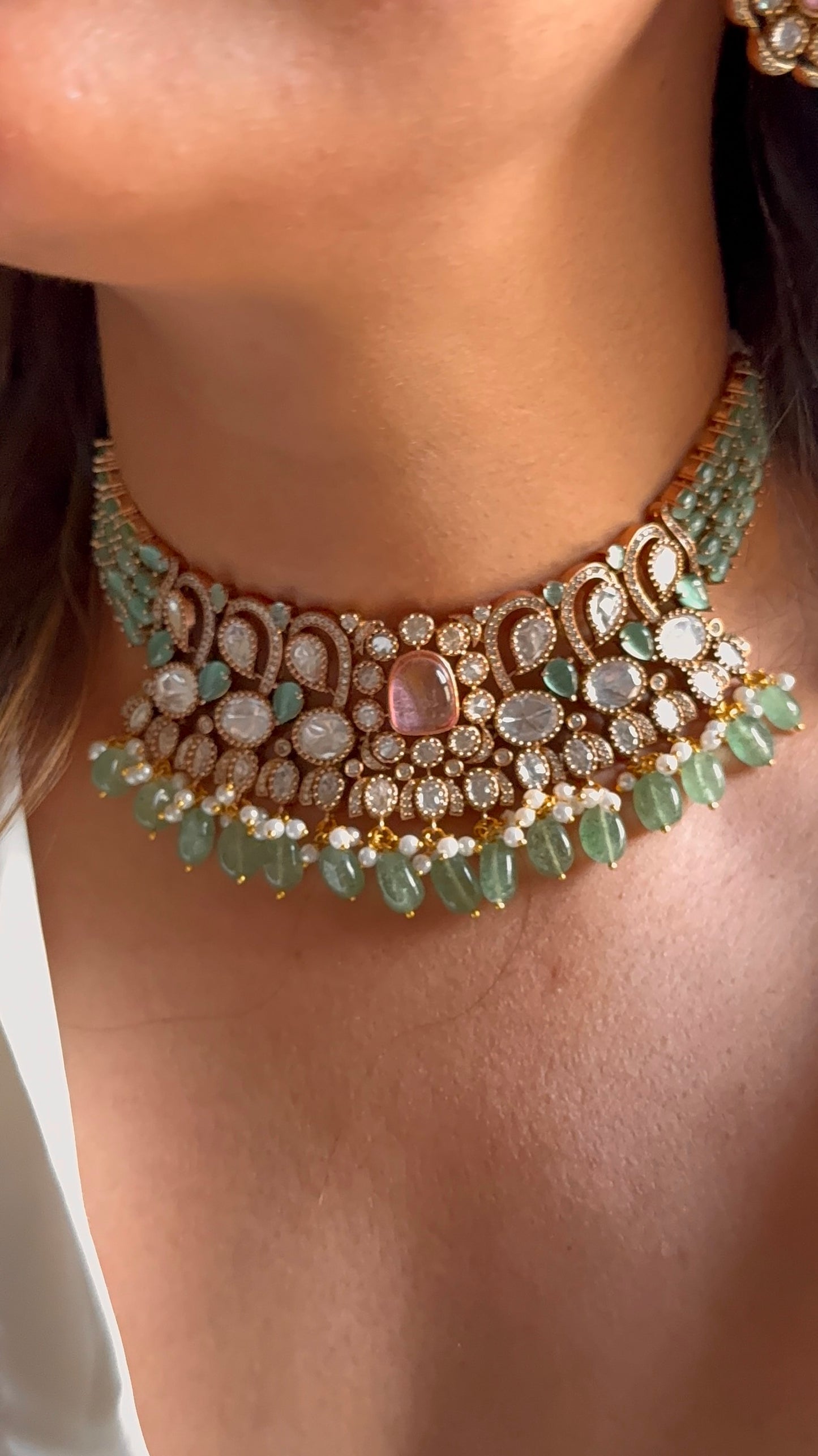 Rose quartz & mint Moissanite polki choker
