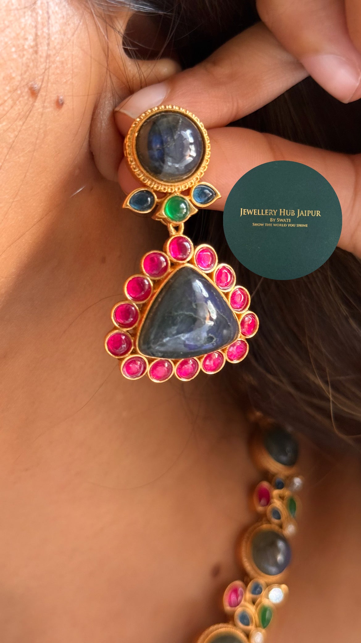 Amrapali inspired Natural stone Rani pink, sapphire and emerald with real stone collar set