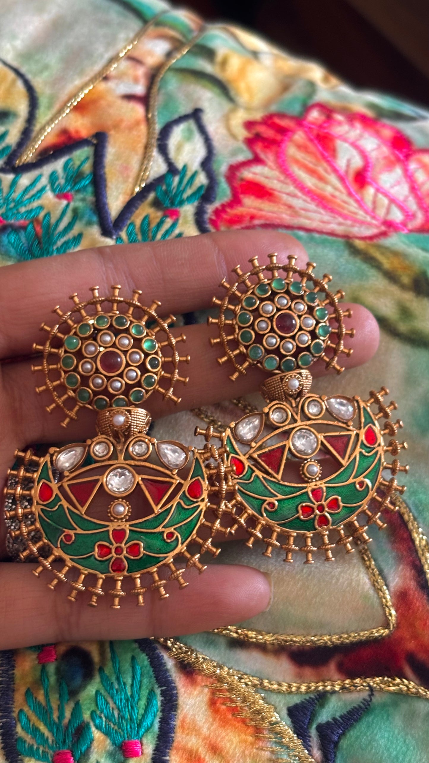Amrapali inspired ruby & emerald danglers inlay work
