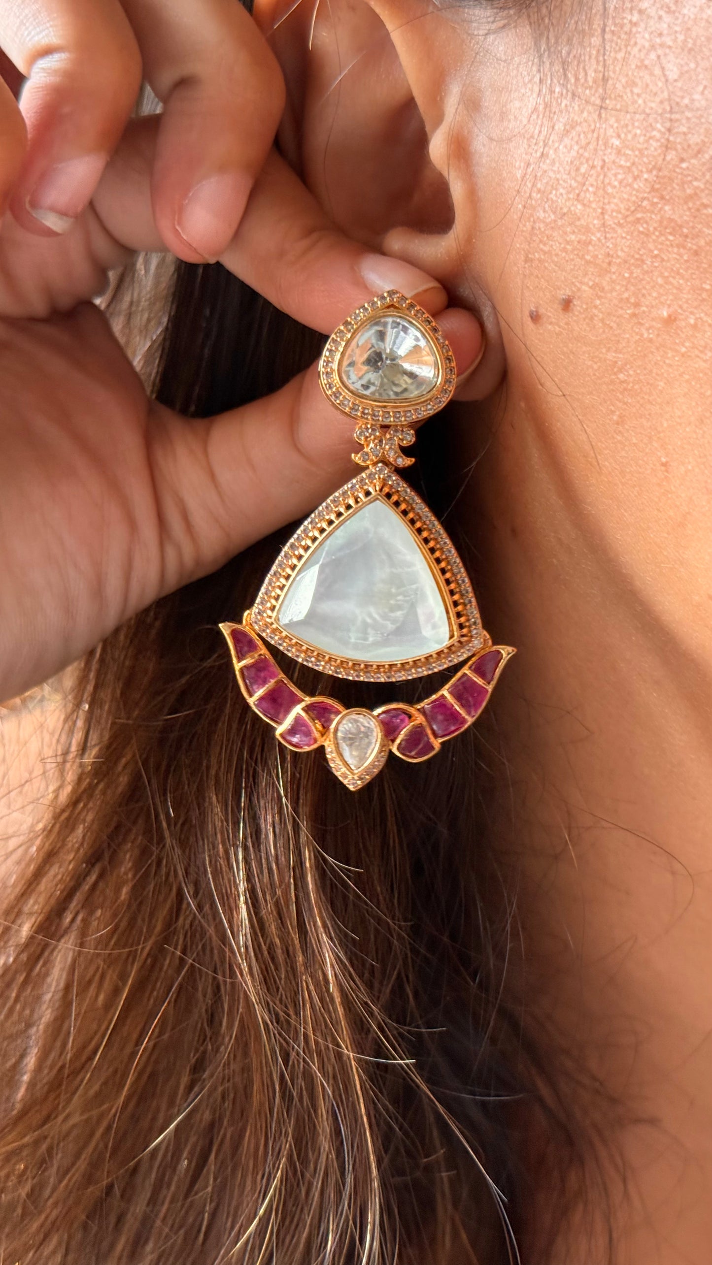 Mother of pearl and Ruby uncut polki danglers