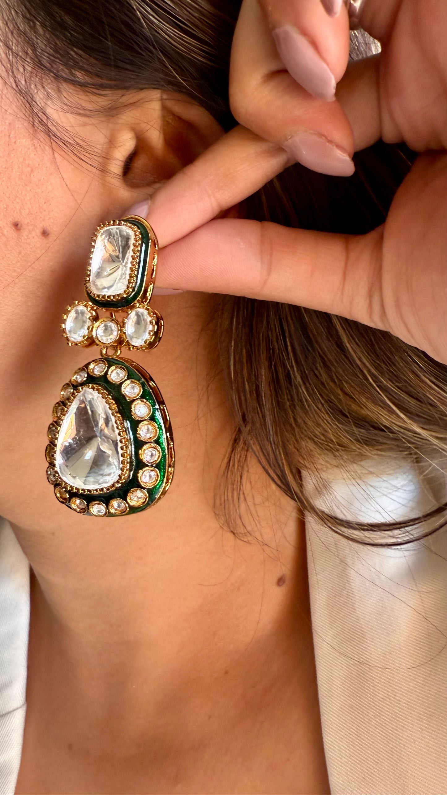 Emerald meenakari moissanite uncut polki earrings