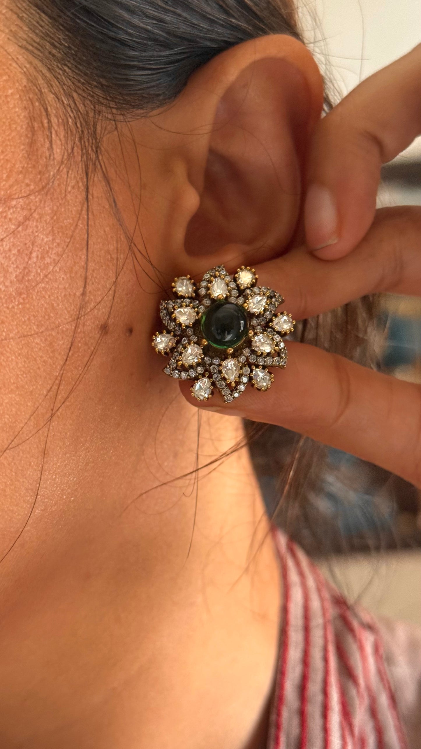 Emerald doublet moissanite victorian floral studs