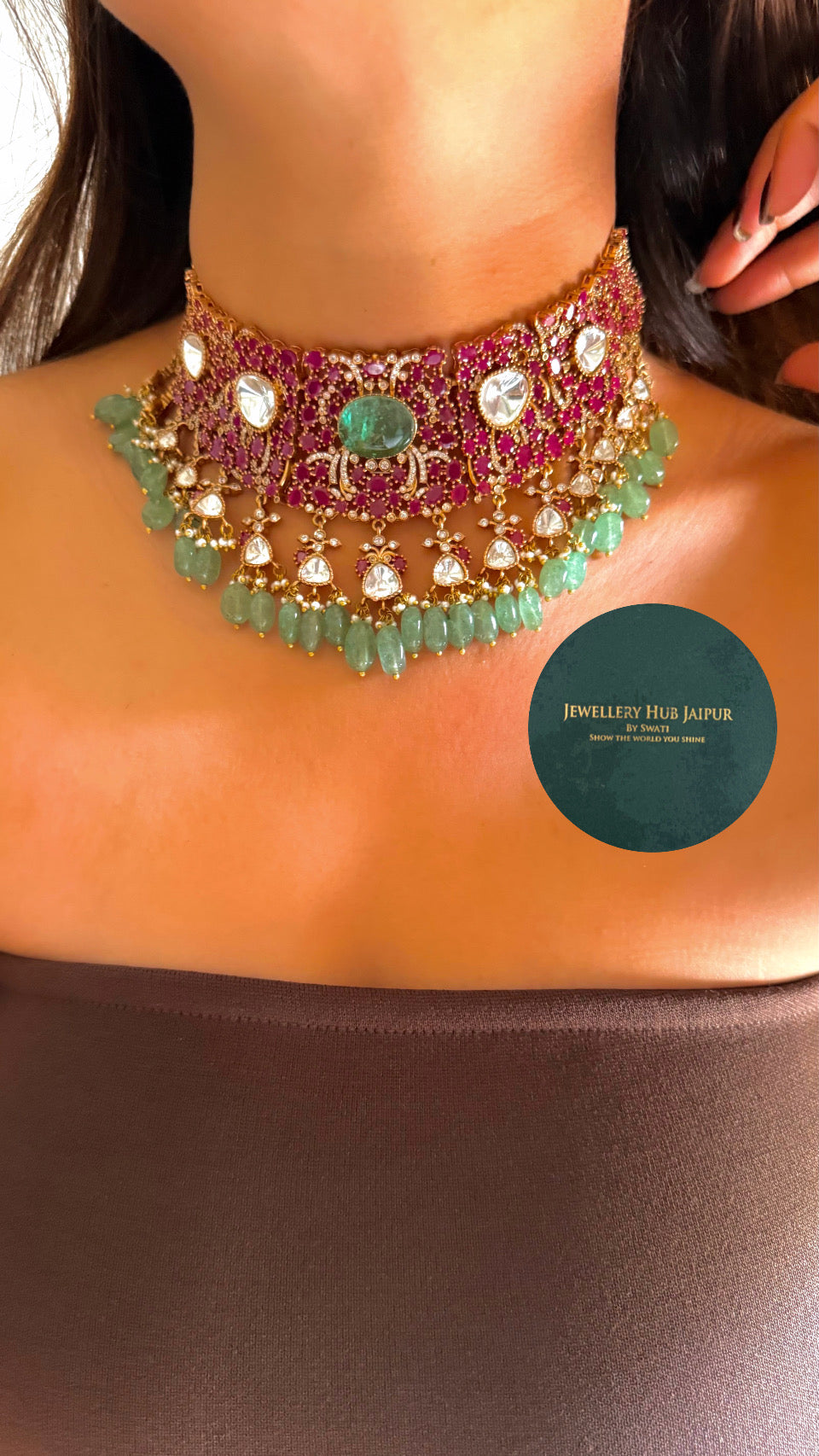 Tiana Rani pink moissanite & mint doublet polki choker