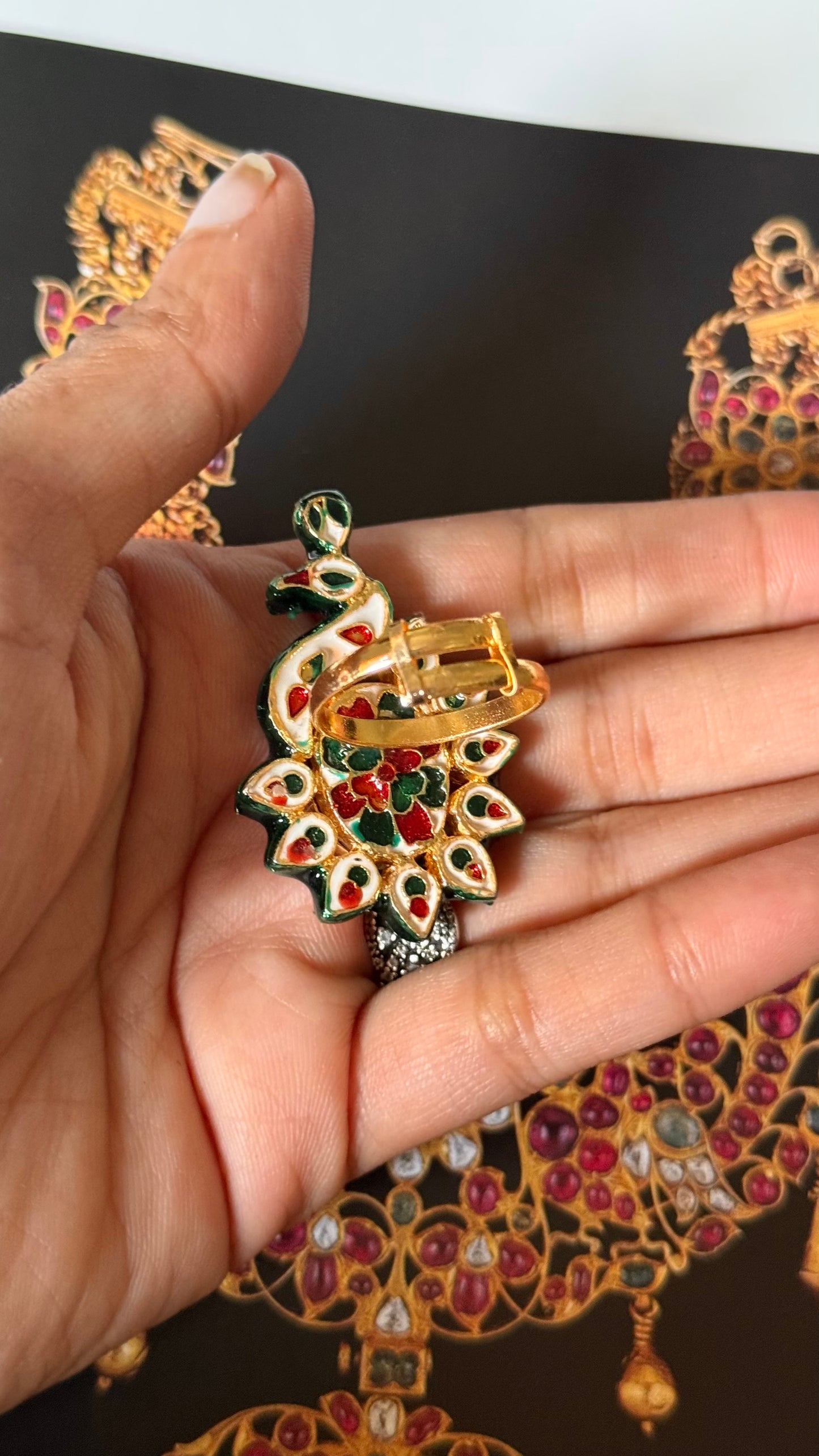 Ruby inlay with peacock design meenakari paachi adjustable ring