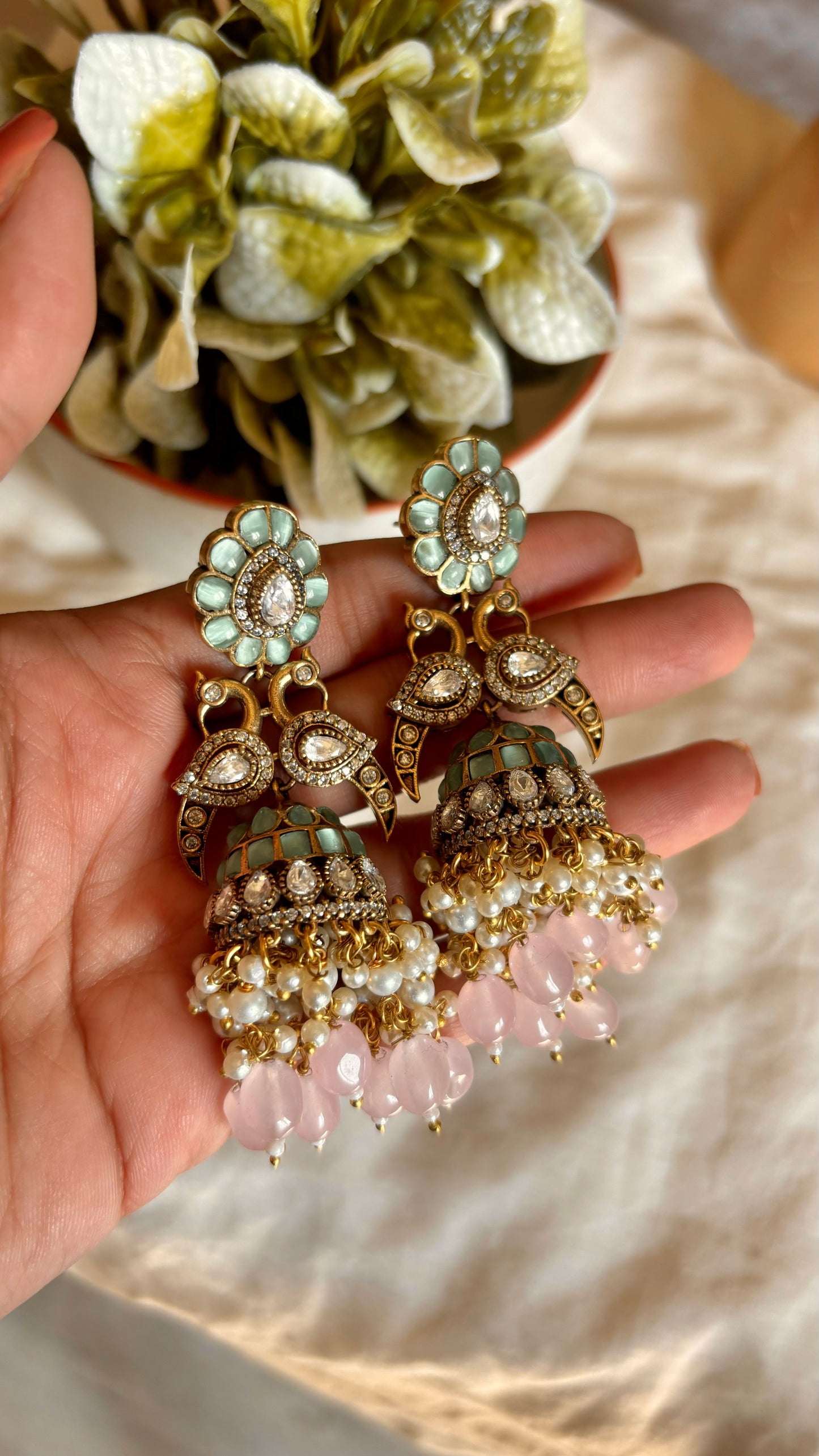 Daaniya Mint & Rose quartz jhumkis