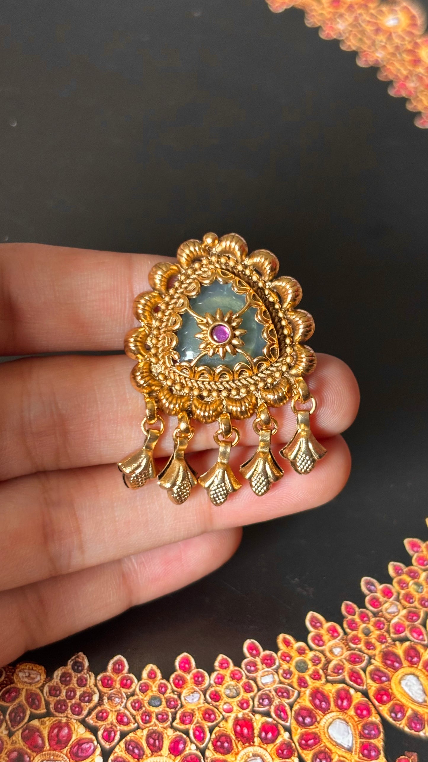 Rani pink floral nakashi golden adjustable ring