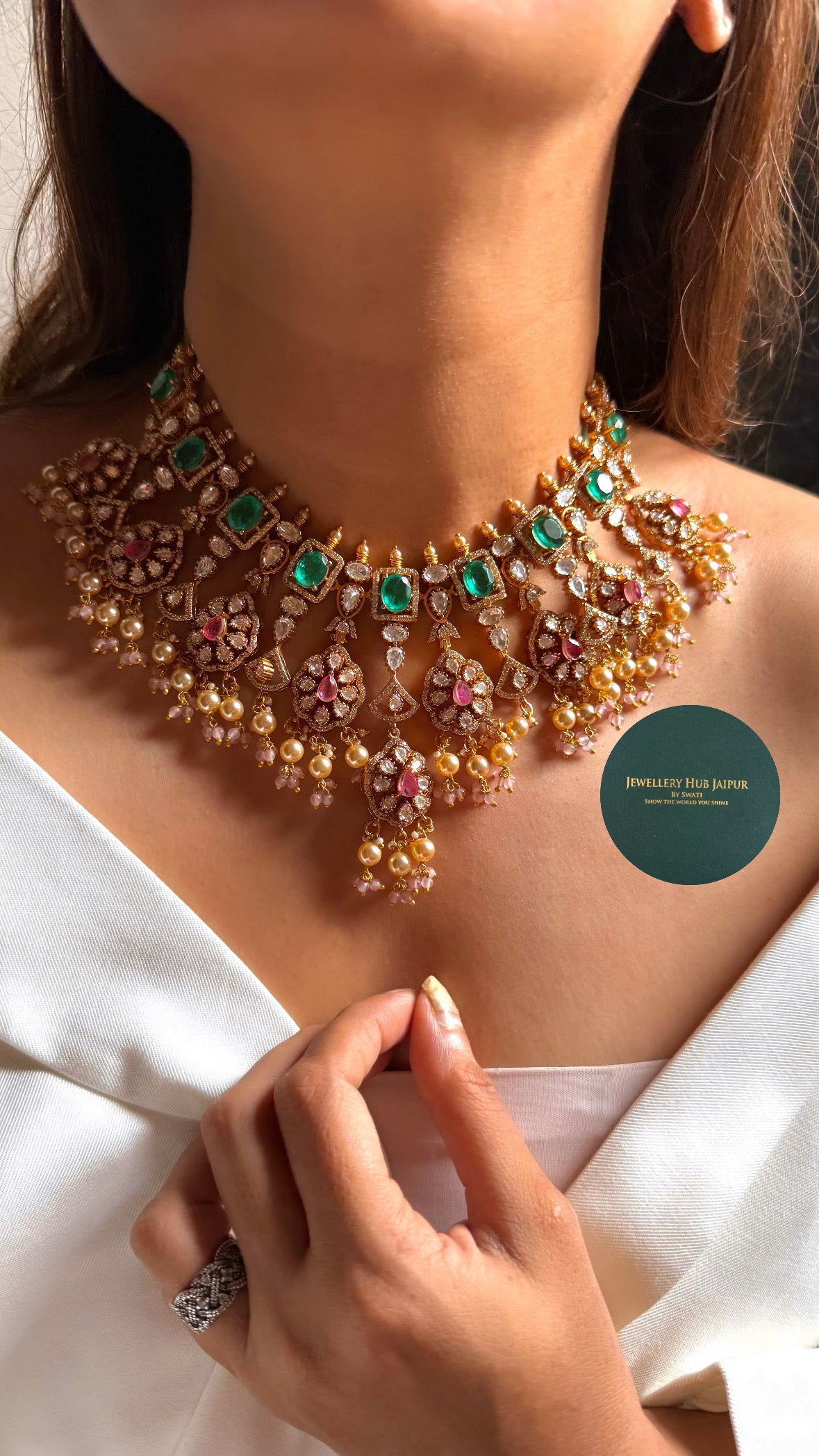 Prachi Rose quartz & emerald moissanite floral collar set