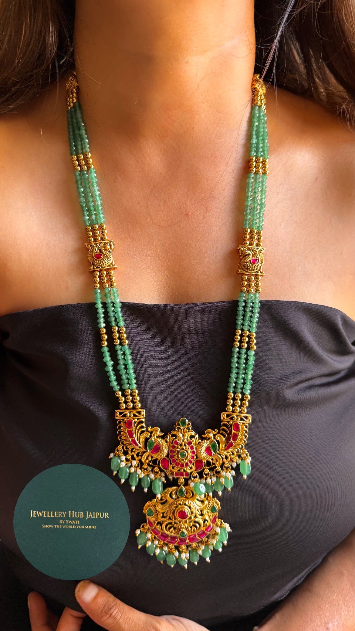 Rani pink & emerald with mint string long necklace set