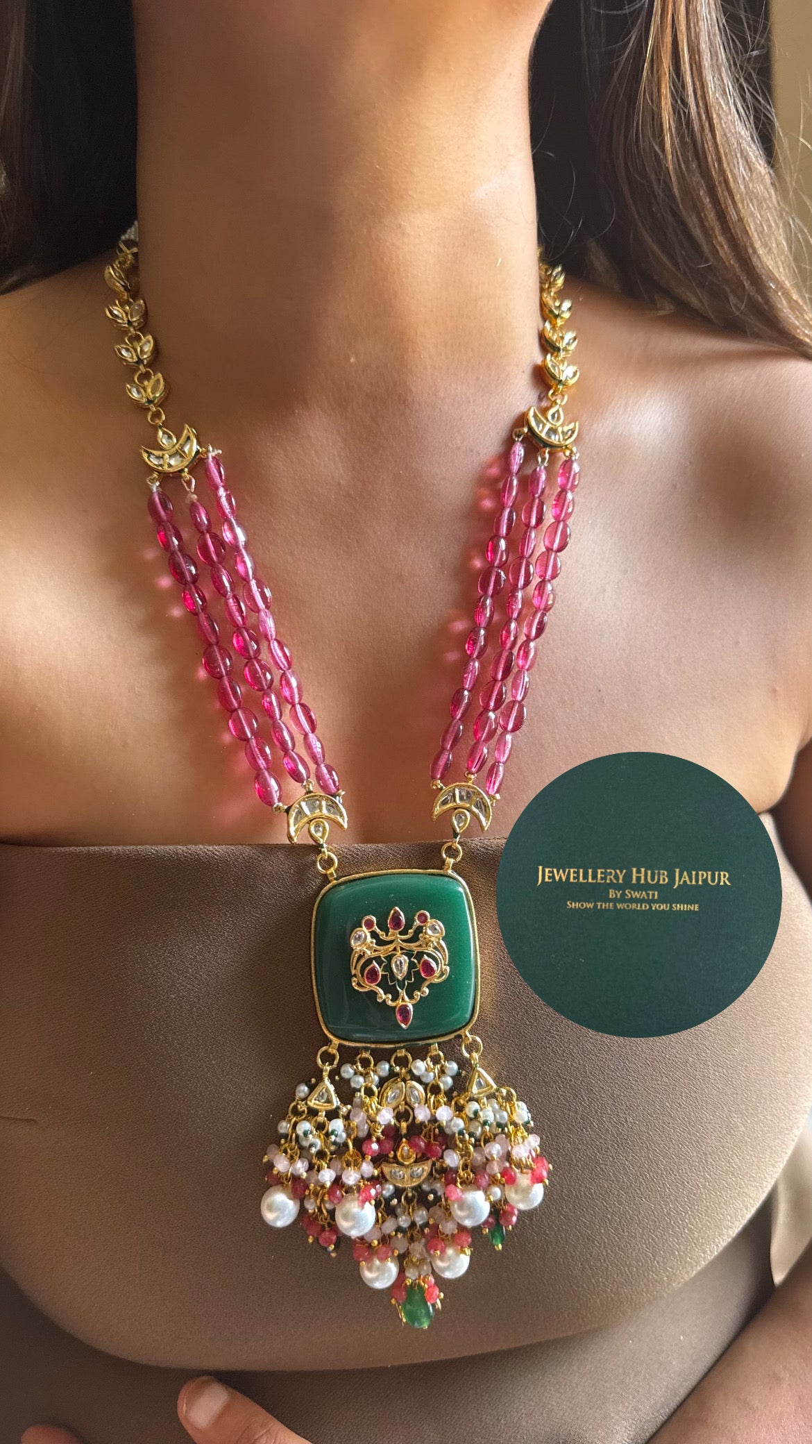Emerald inlay work & rani pink string meenakari paachi heritage long set