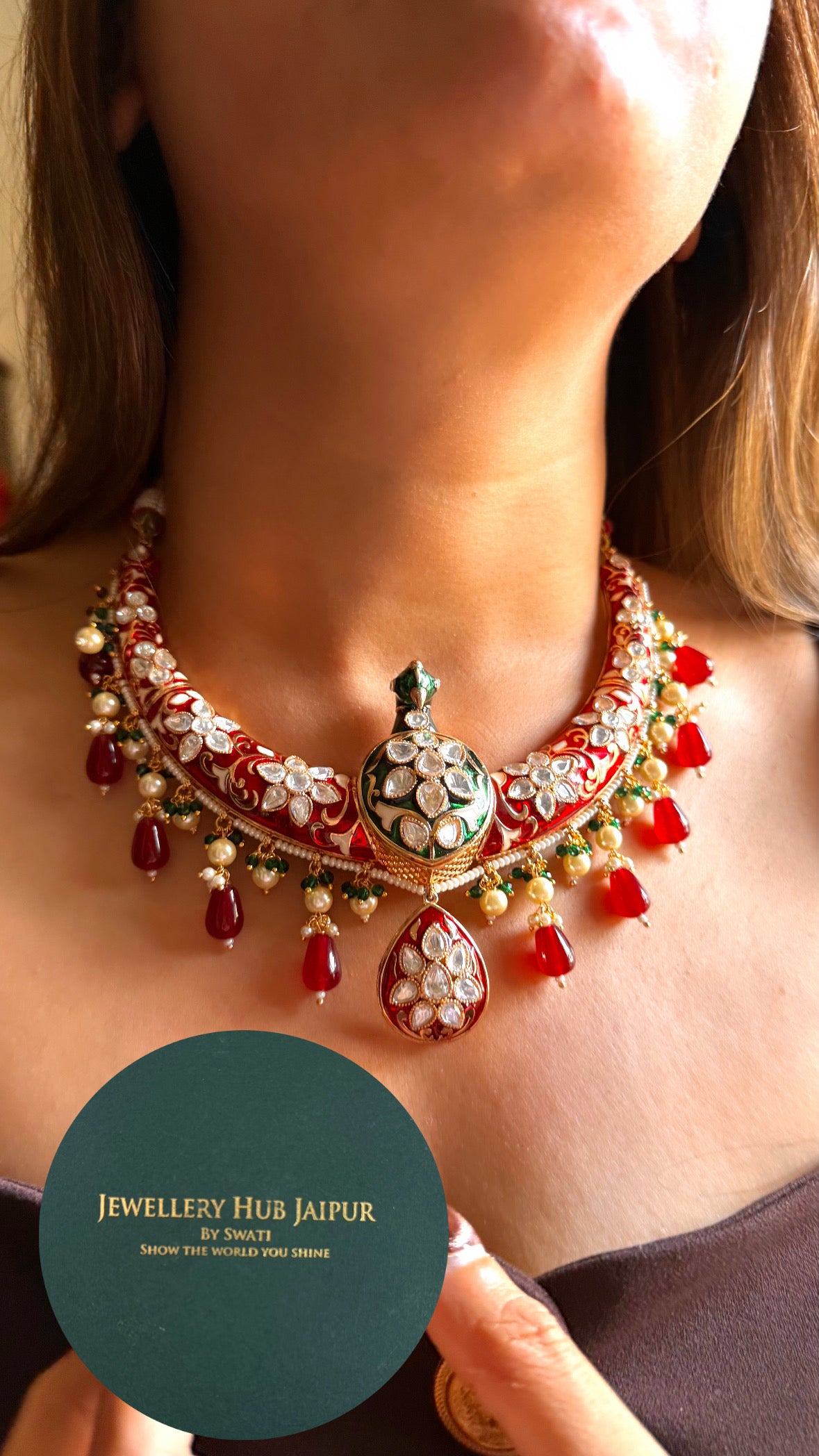 Ruby & emerald meenakari moissanite peacock with ruby drop Hasli