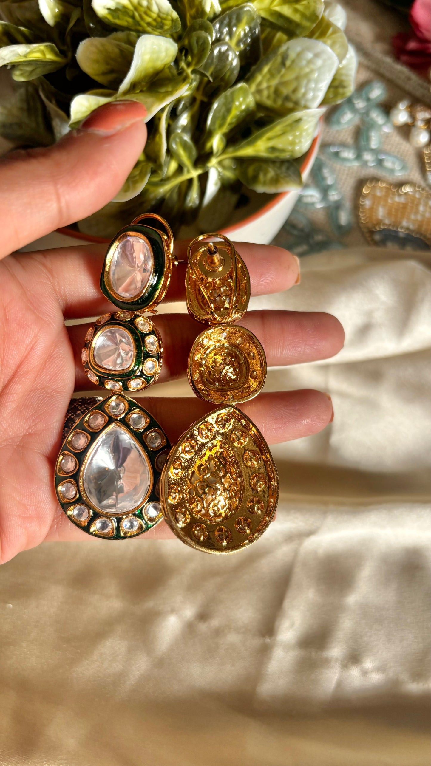 Emerald meenakari uncut polki danglers