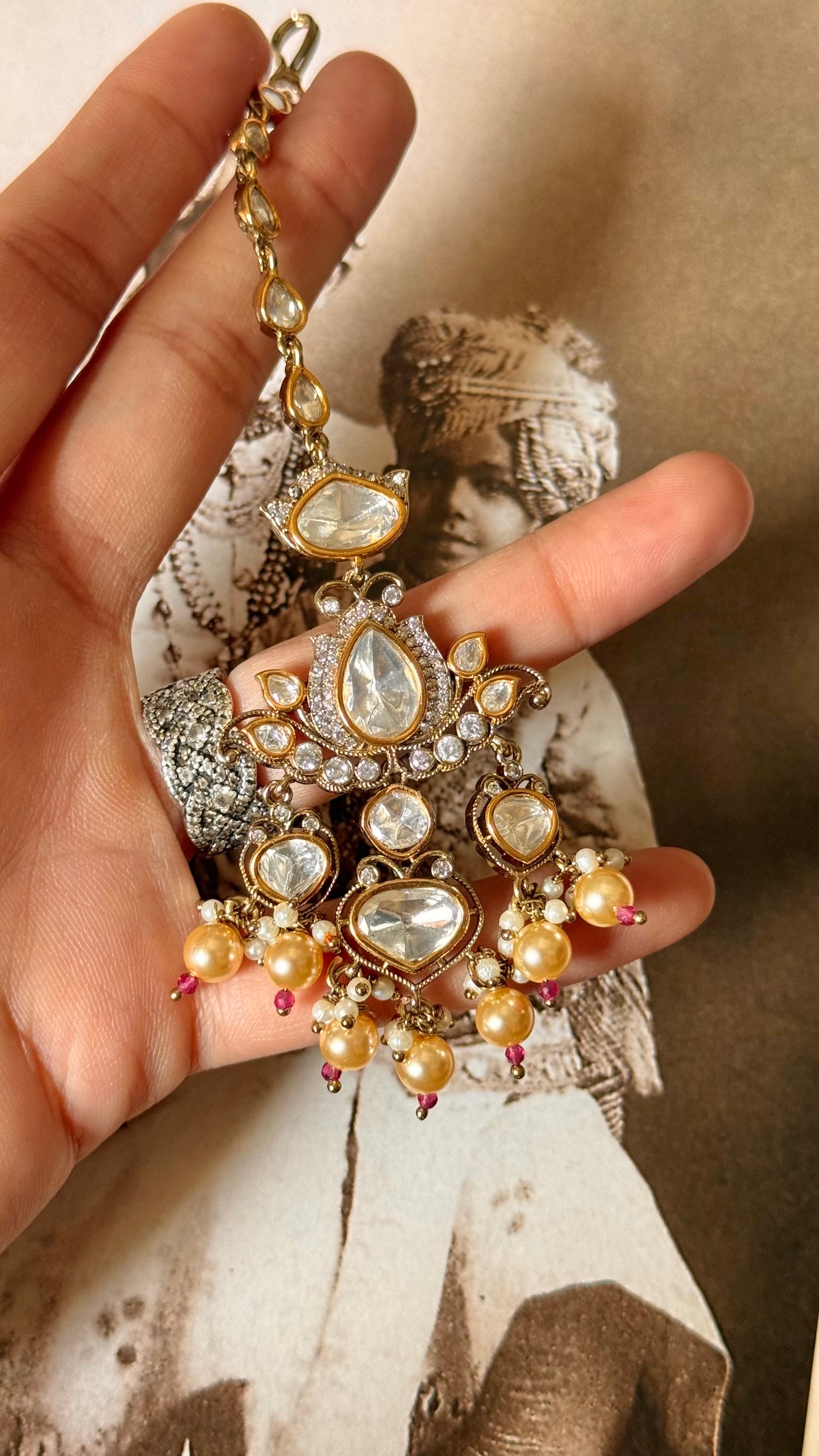 Moissanige uncut polki with pearl drop maangtika