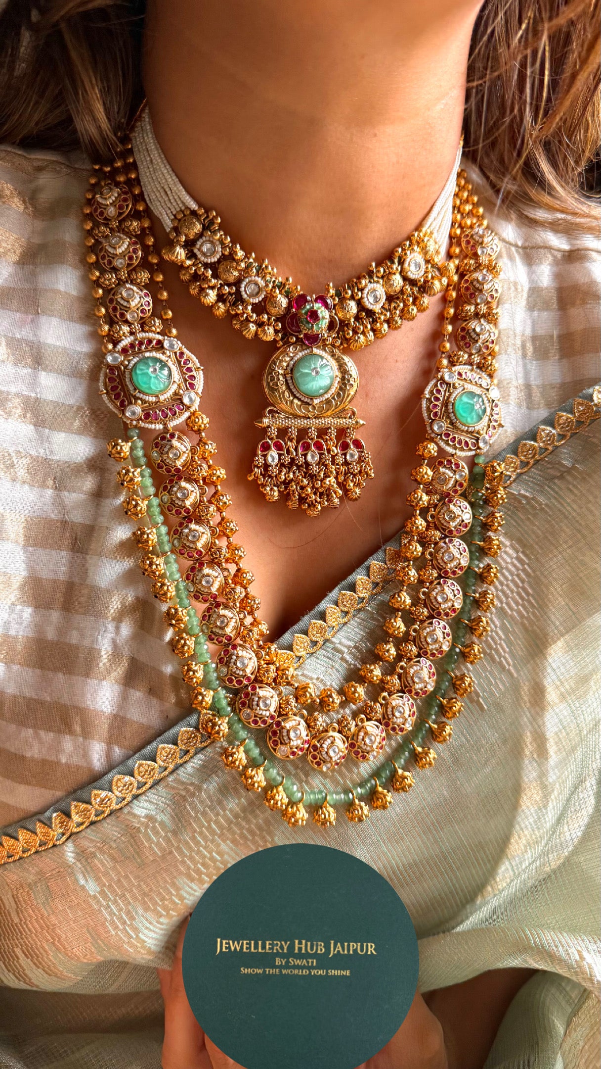 Mint gold Rajwada bridal combo necklace