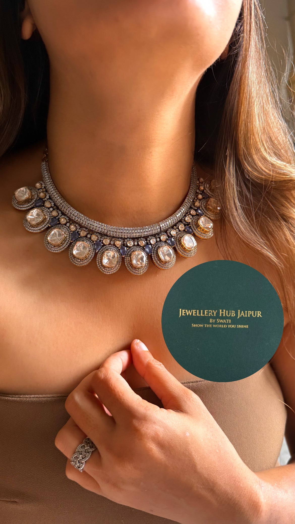 Real uncut moissanite polki & Sapphire stone collar set