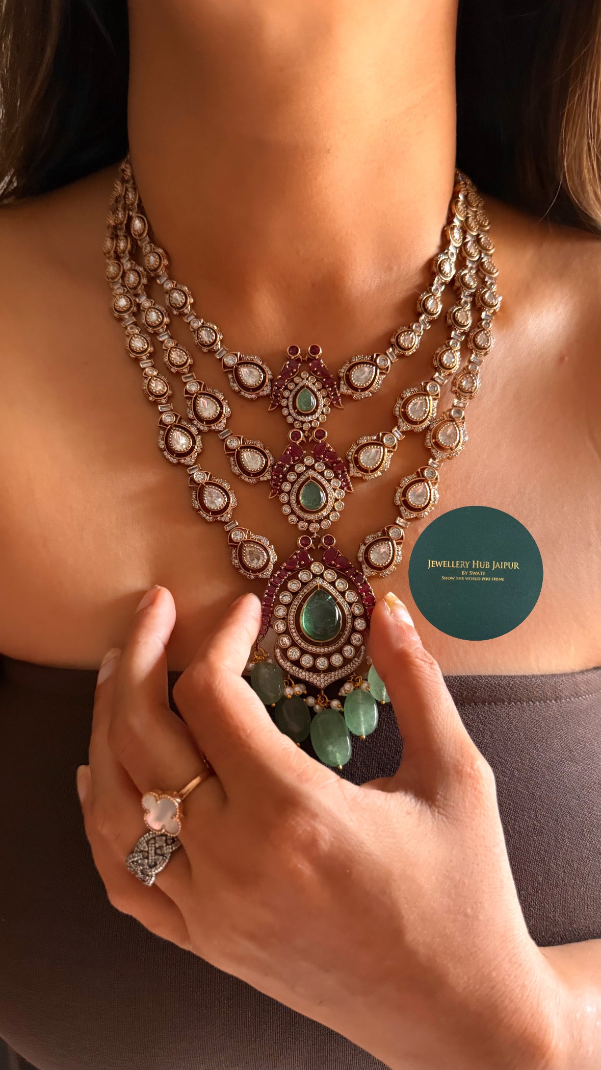 Mint doublet & Rani pink moissanite polka 3 layer with mint drop collar set