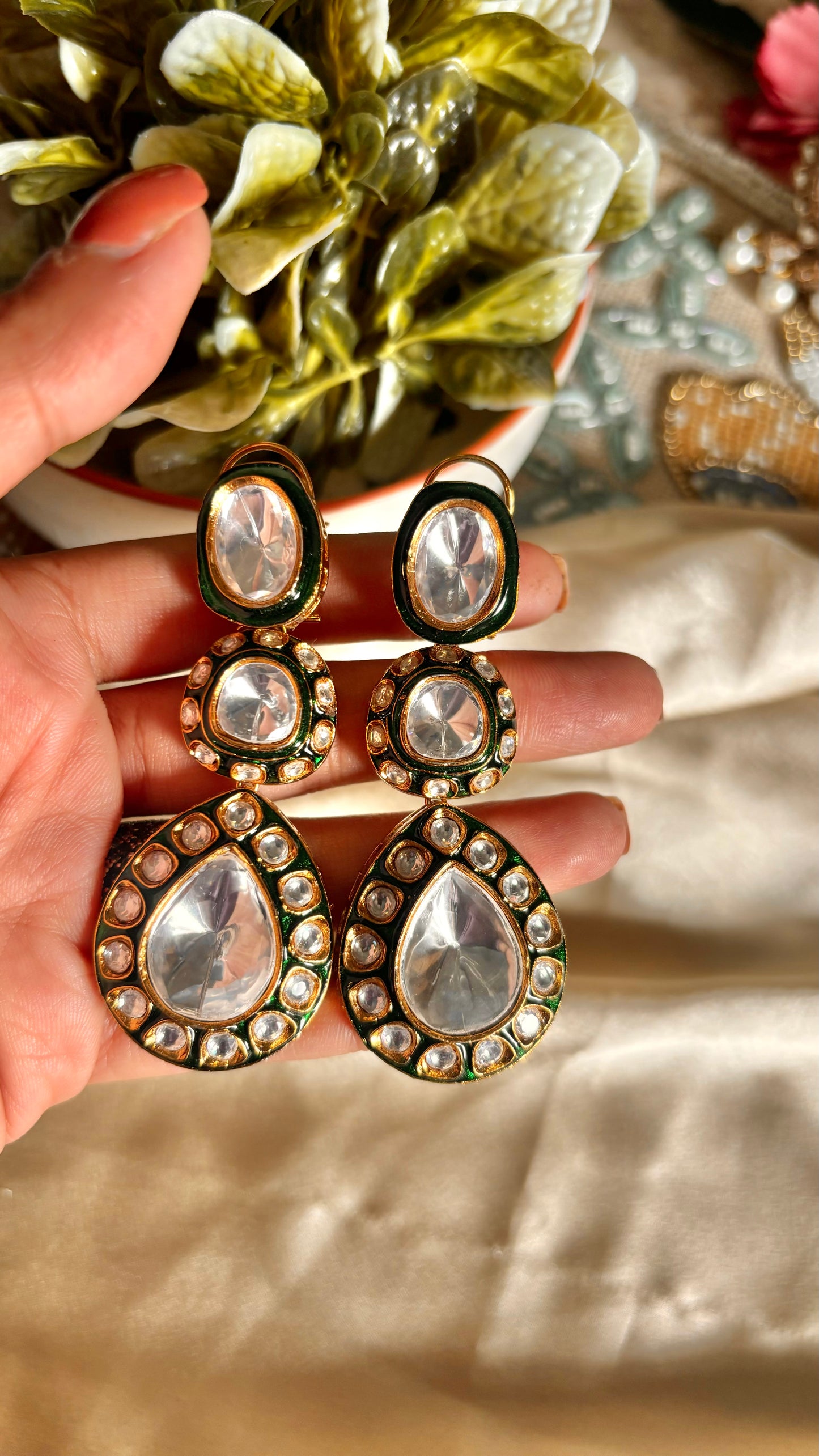 Emerald meenakari uncut polki danglers