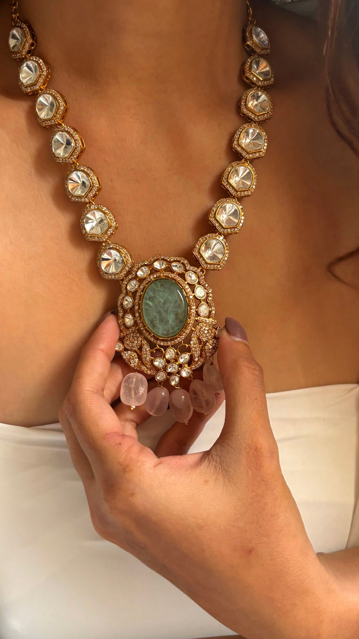 Designer uncut polki mint necklace