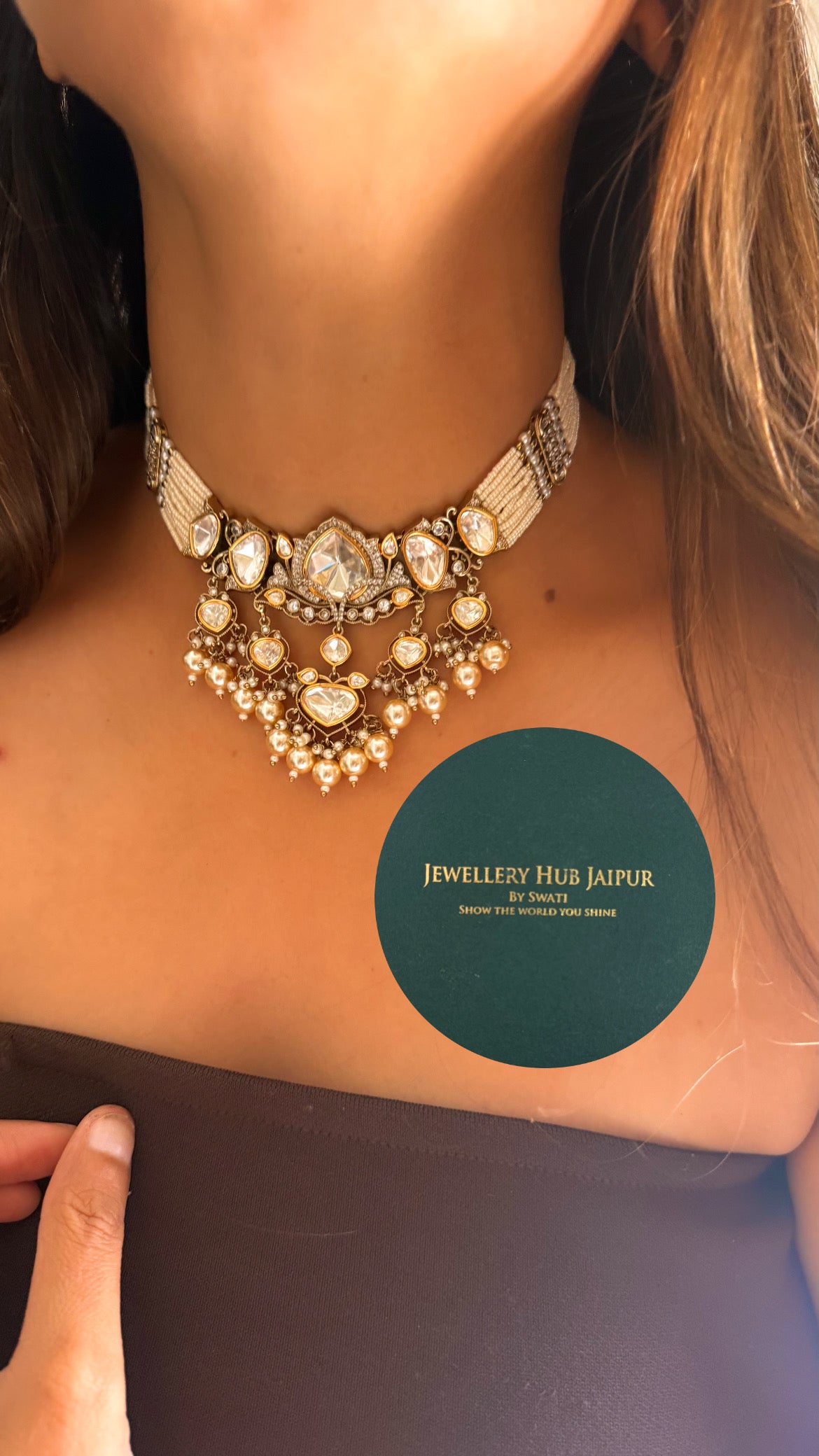 Moissanite polki with pearl drops rajwada choker set