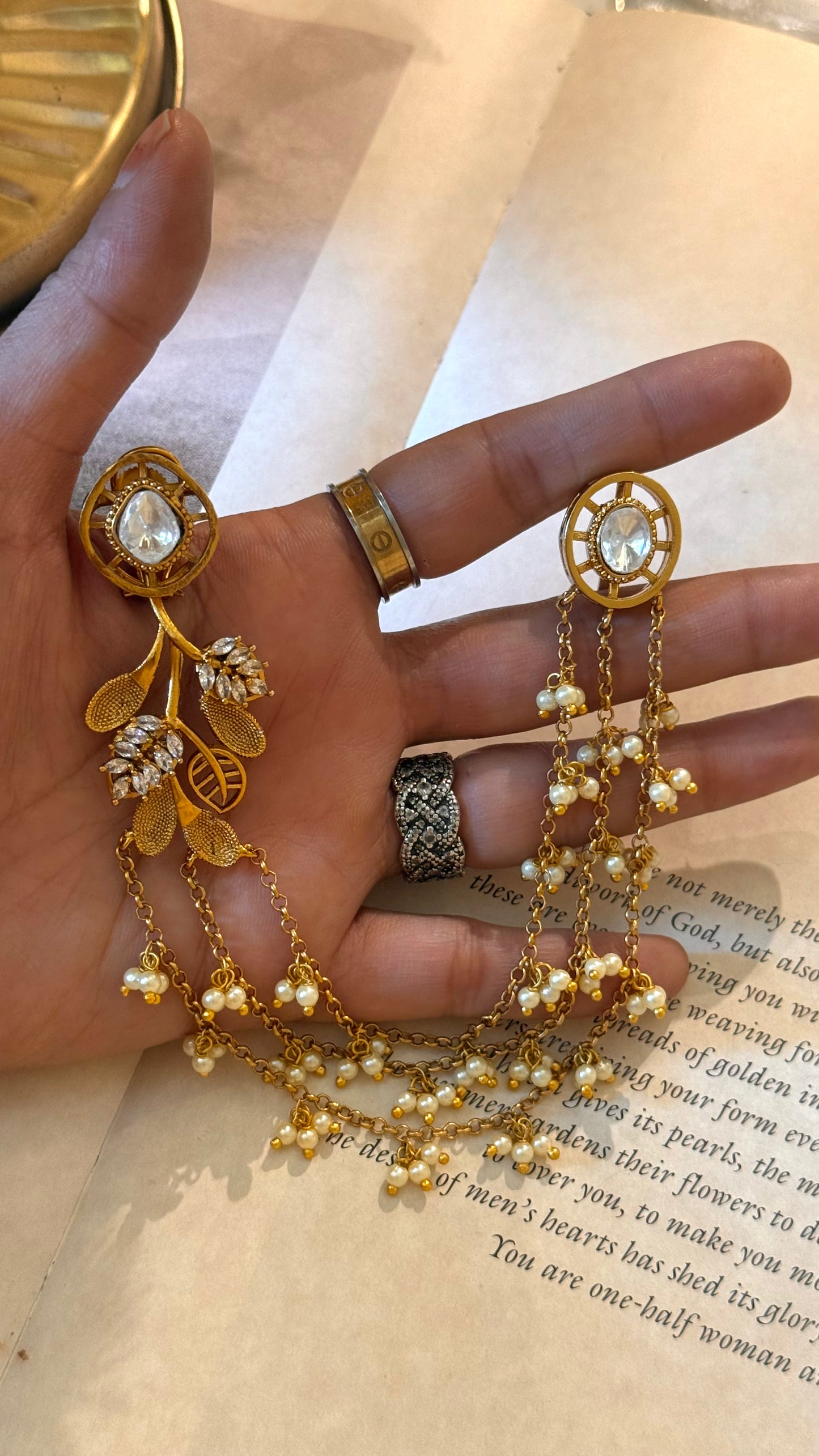 Polki studs with attached earchain with leaf detailing