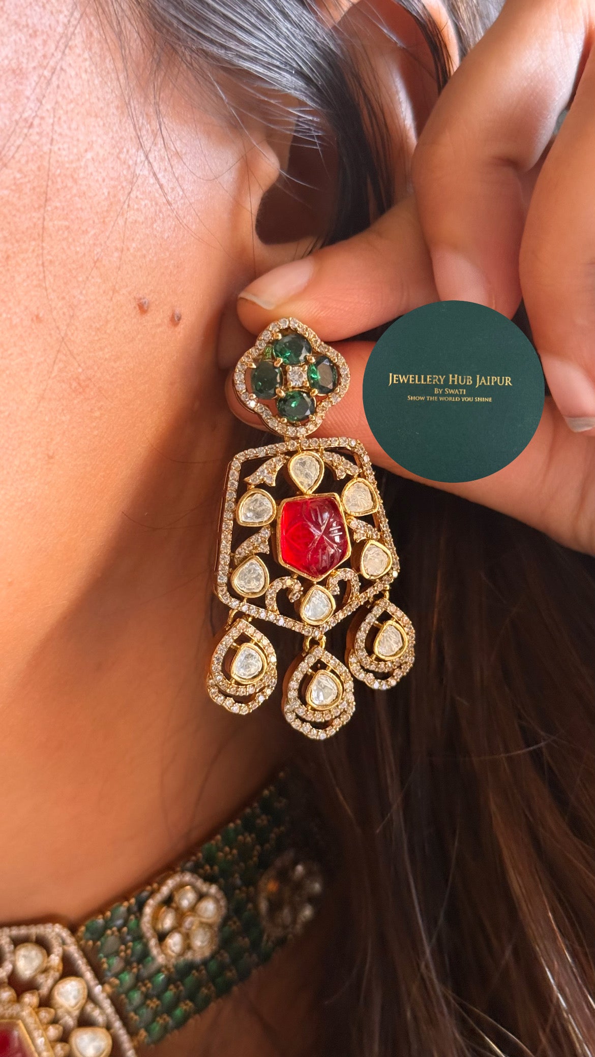 Ruby doublet & emerald moissanite uncut polki choker set