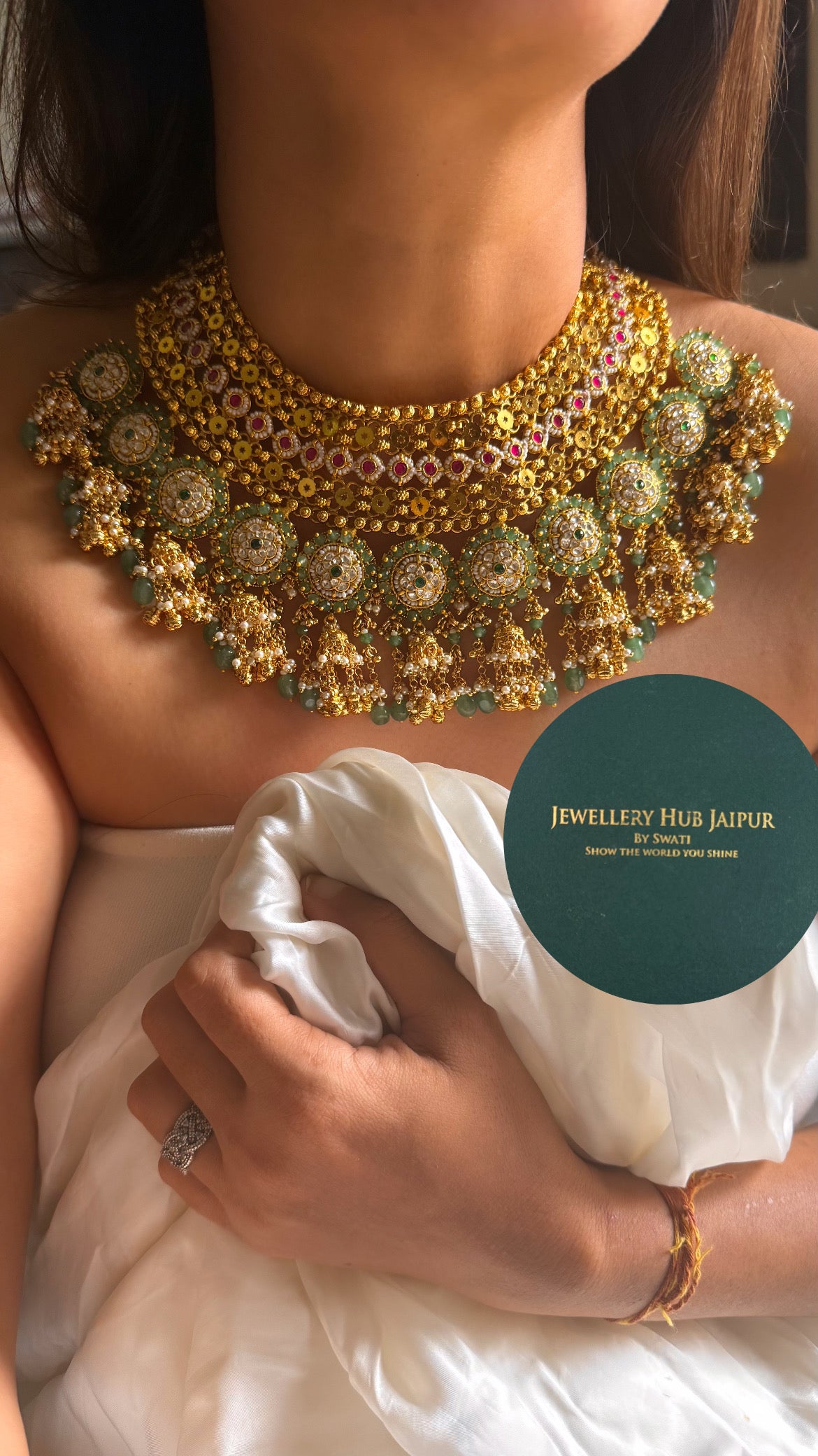 Handmade Heritage Polki Rani pink & mint with jhumka & mint drop heritage rajwada bridal set