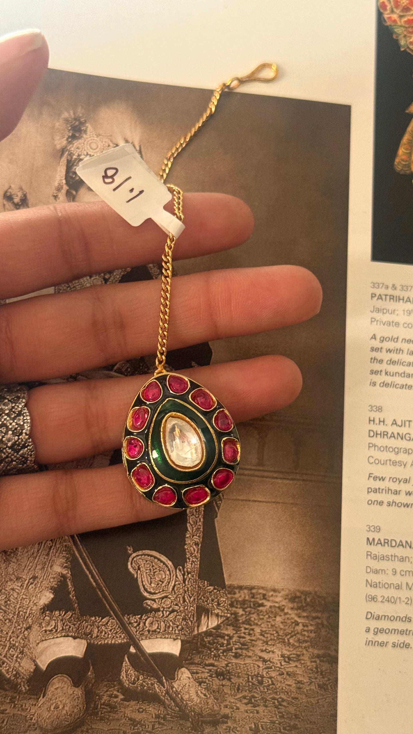 Rani pink emerald meenakari tear drop maangtika