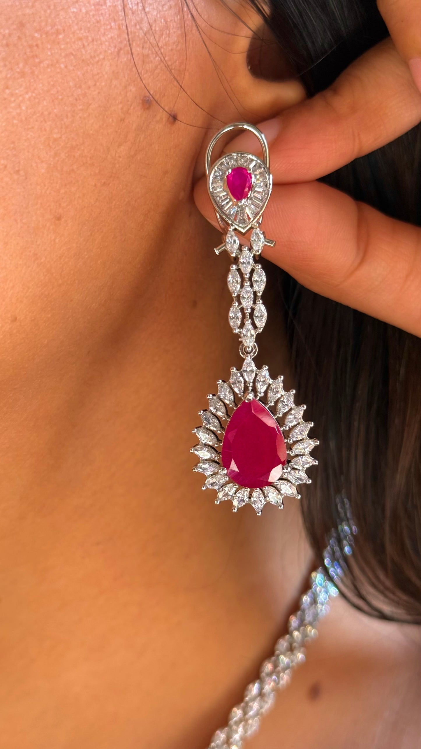 Ruby Diamond dual tear drop collar necklace