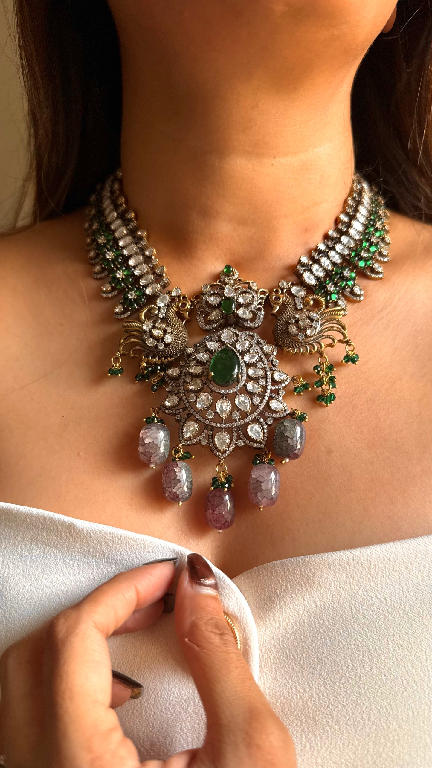 Munar-Emerald doublet Moissanite uncut victorian mid length set