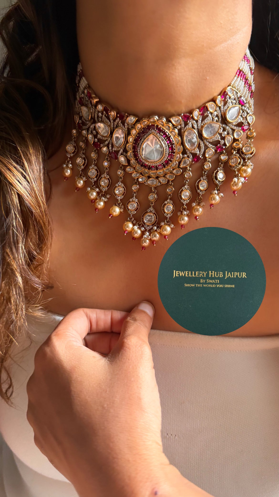 Rani pink uncut polki with pearl drop choker set