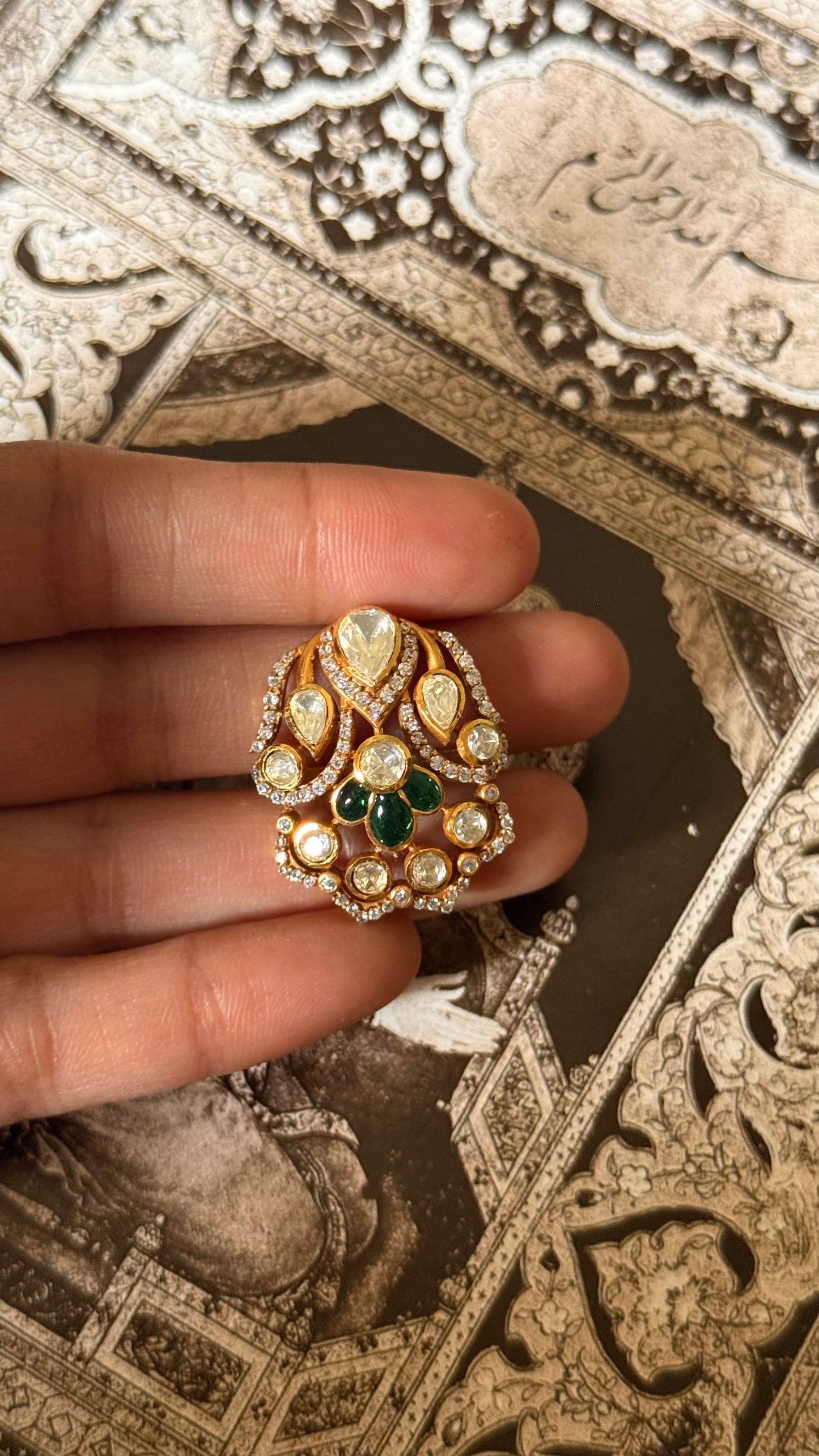 Emerald moissanite polki adjustable ring