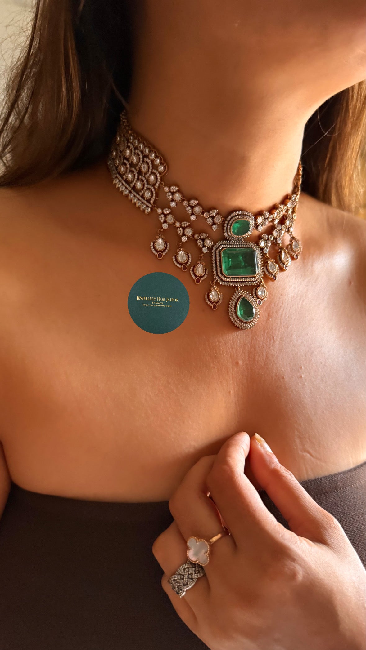Emerald doublet moissanite uncut polki choker set