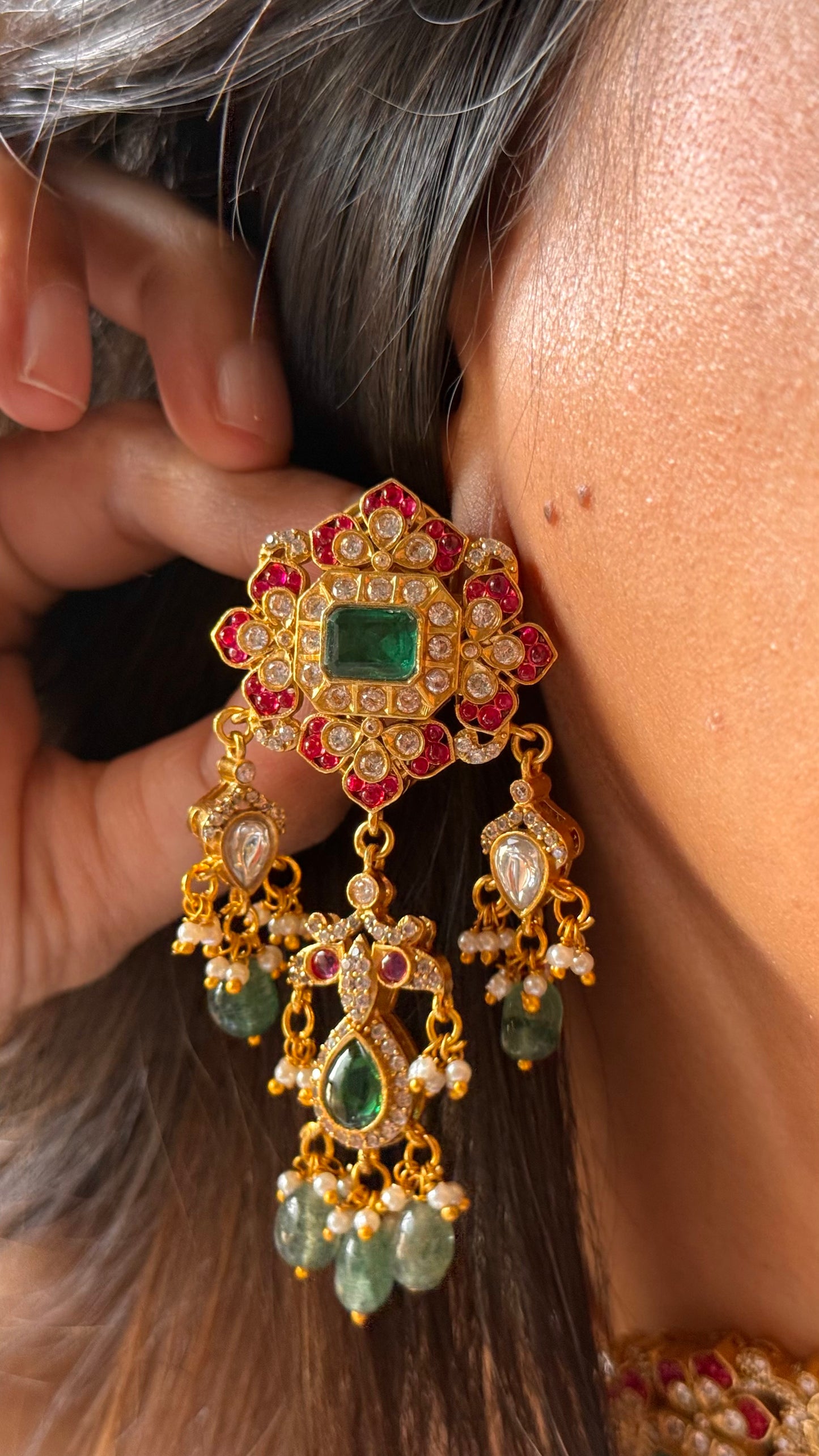 Paachi Kundan Rani pink ruby with emerald thread choker necklace