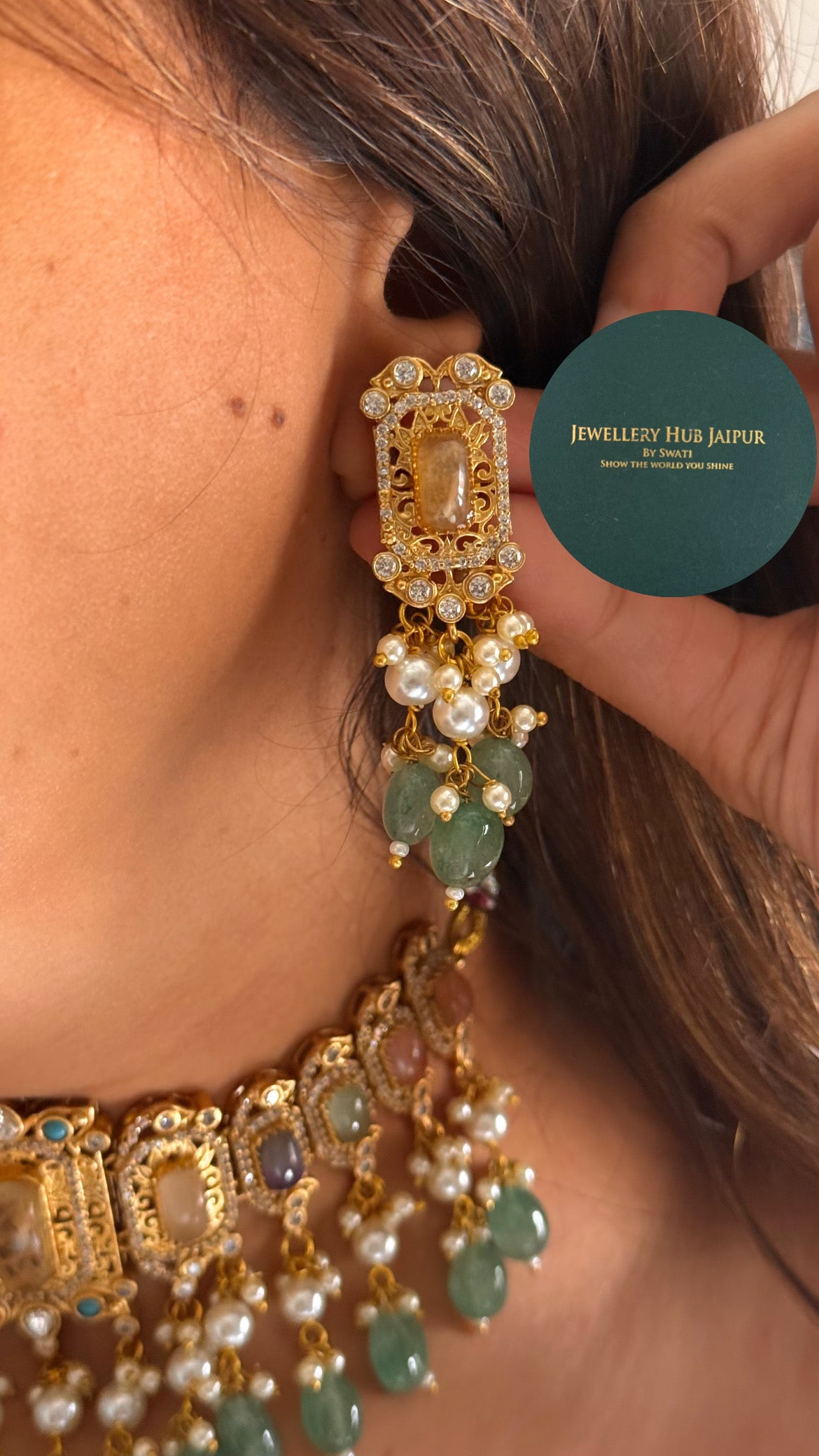 Navratna doublet with mint & pearl drops choker set