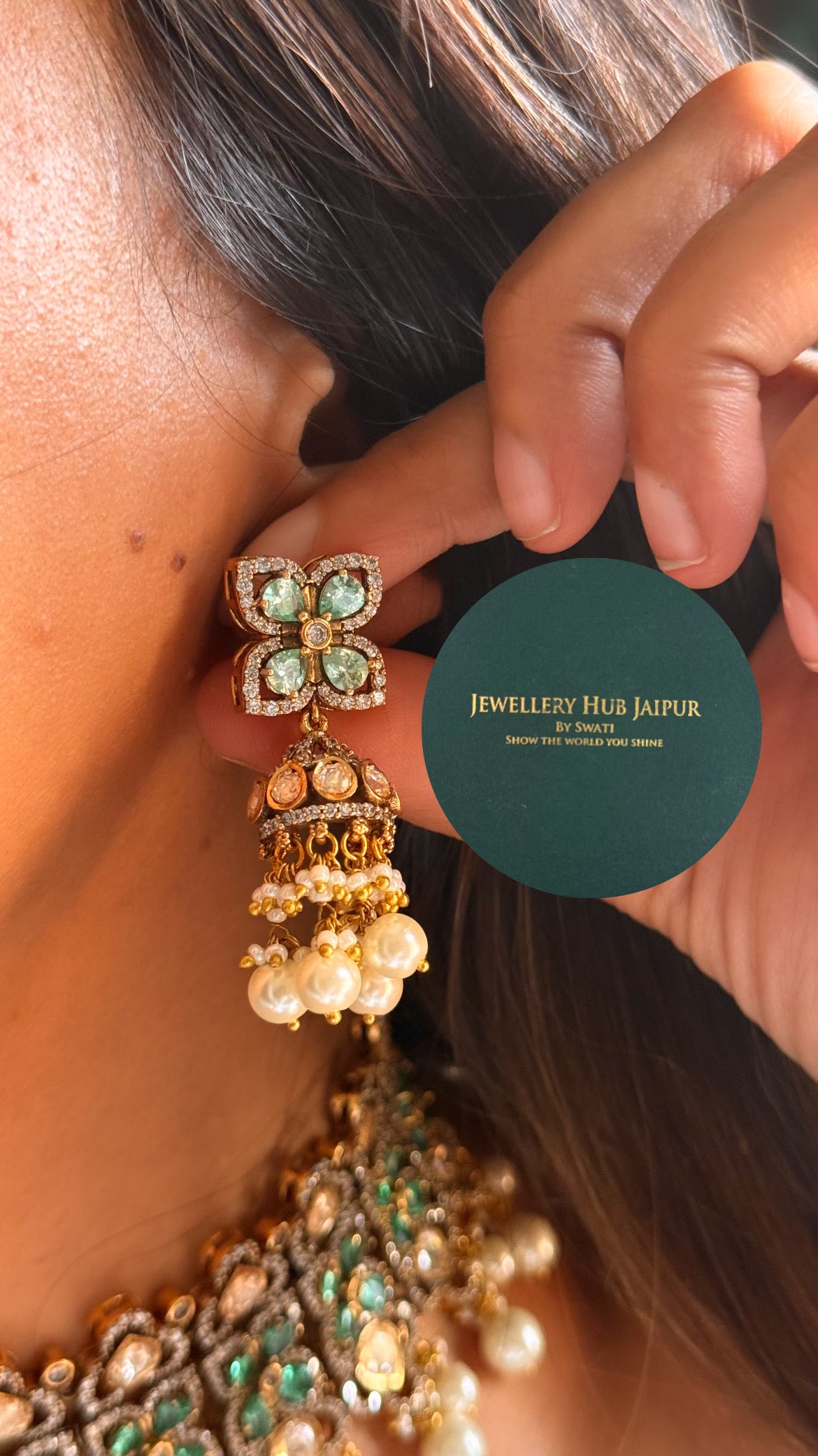 Real uncut moissanite polki & mint Swarovski with pearl drop choker set