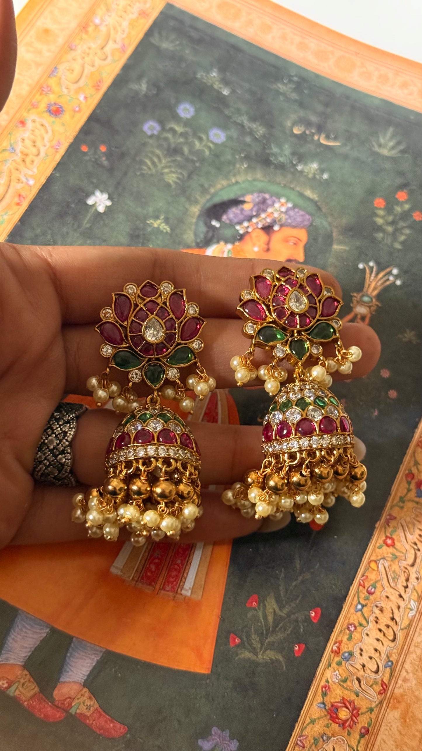 Rani pink lotus & emerald leaf design Jhumri