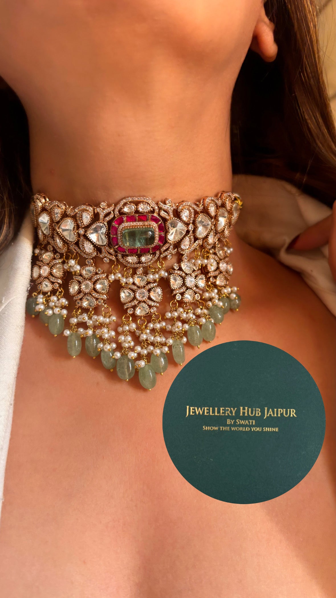 Tahira Moissanite paana ruby jhalar choker
