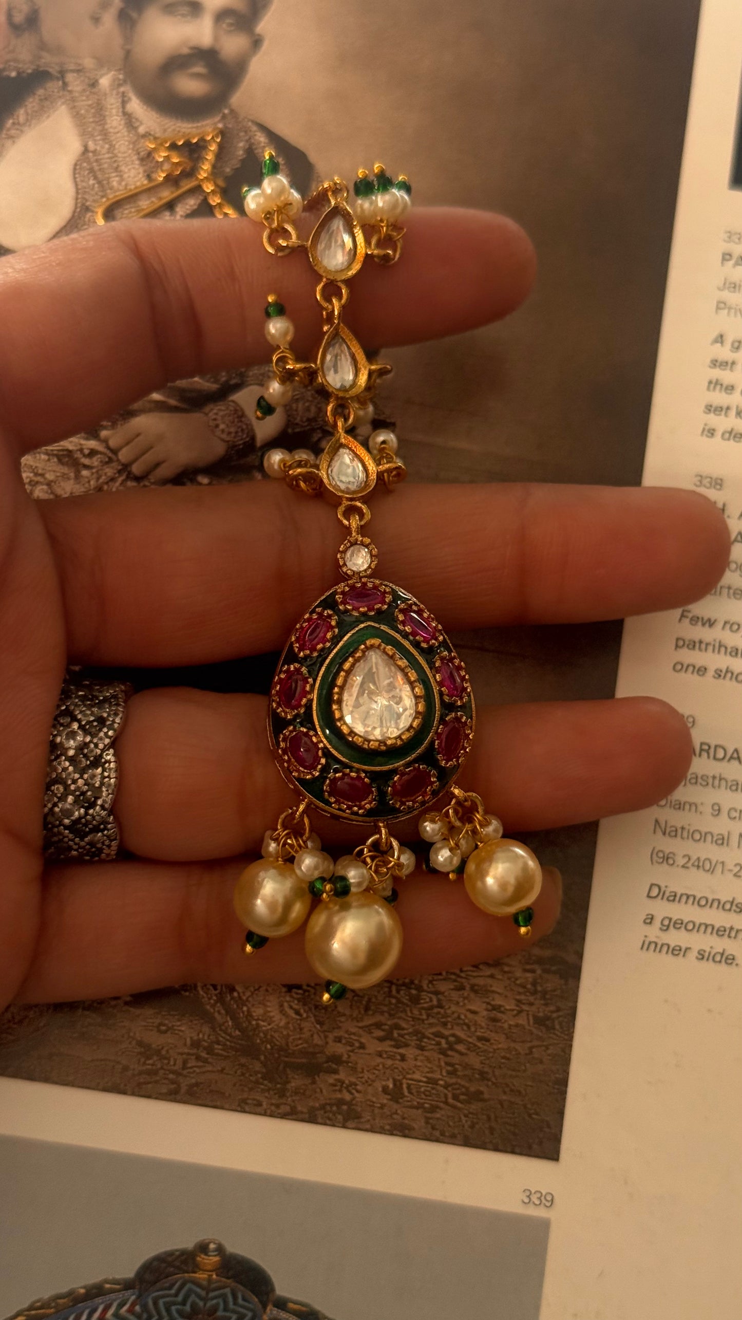 Ruby & emerald meenakari with off white pearls maangtika