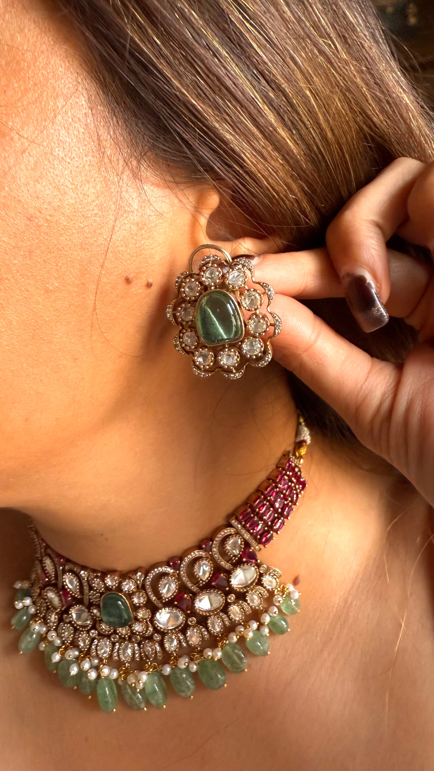 Mint doublet moissanite uncut polki & ruby with mint drops set