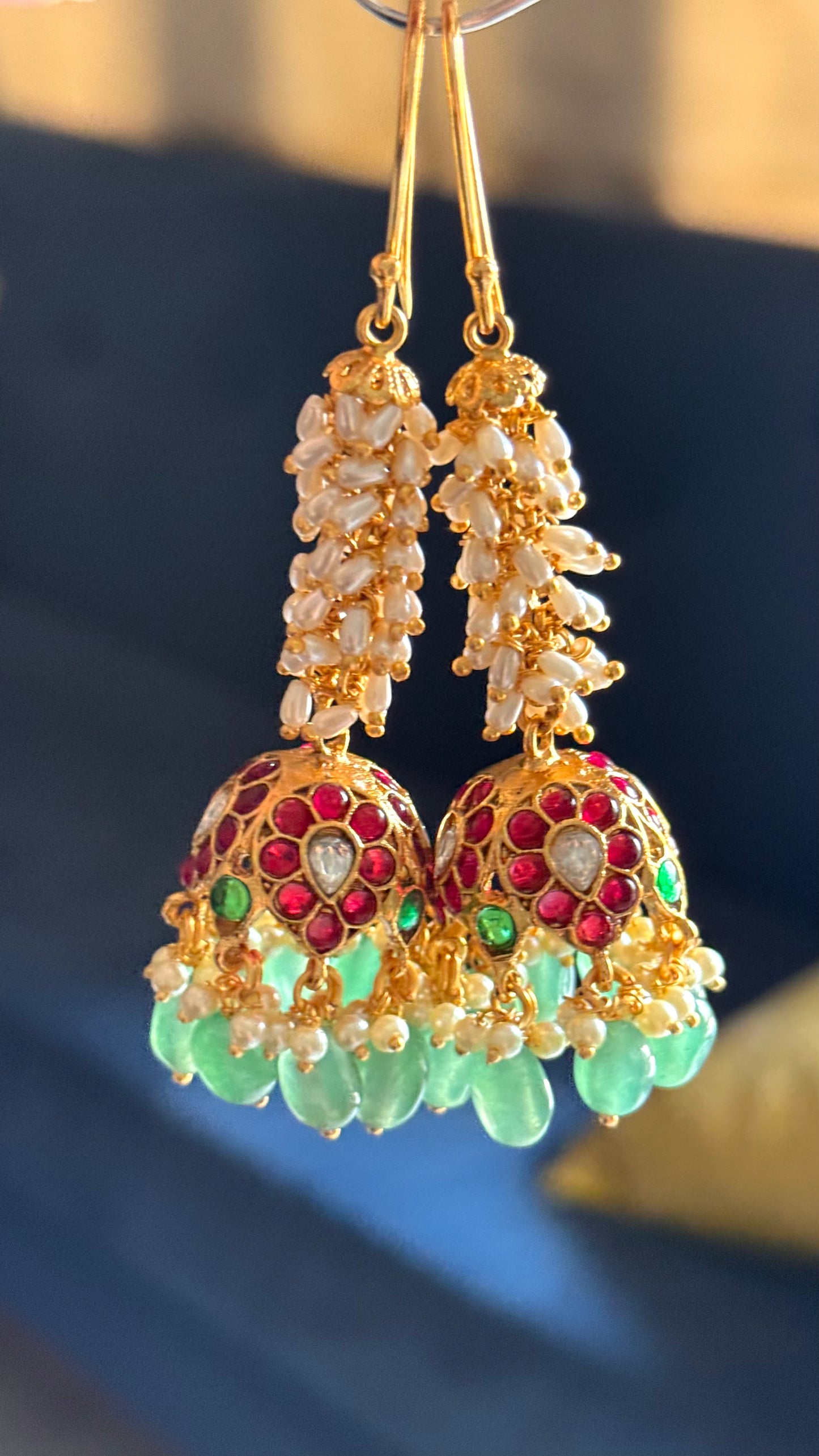 Rajwada ruby & emerald with white gajra earrings