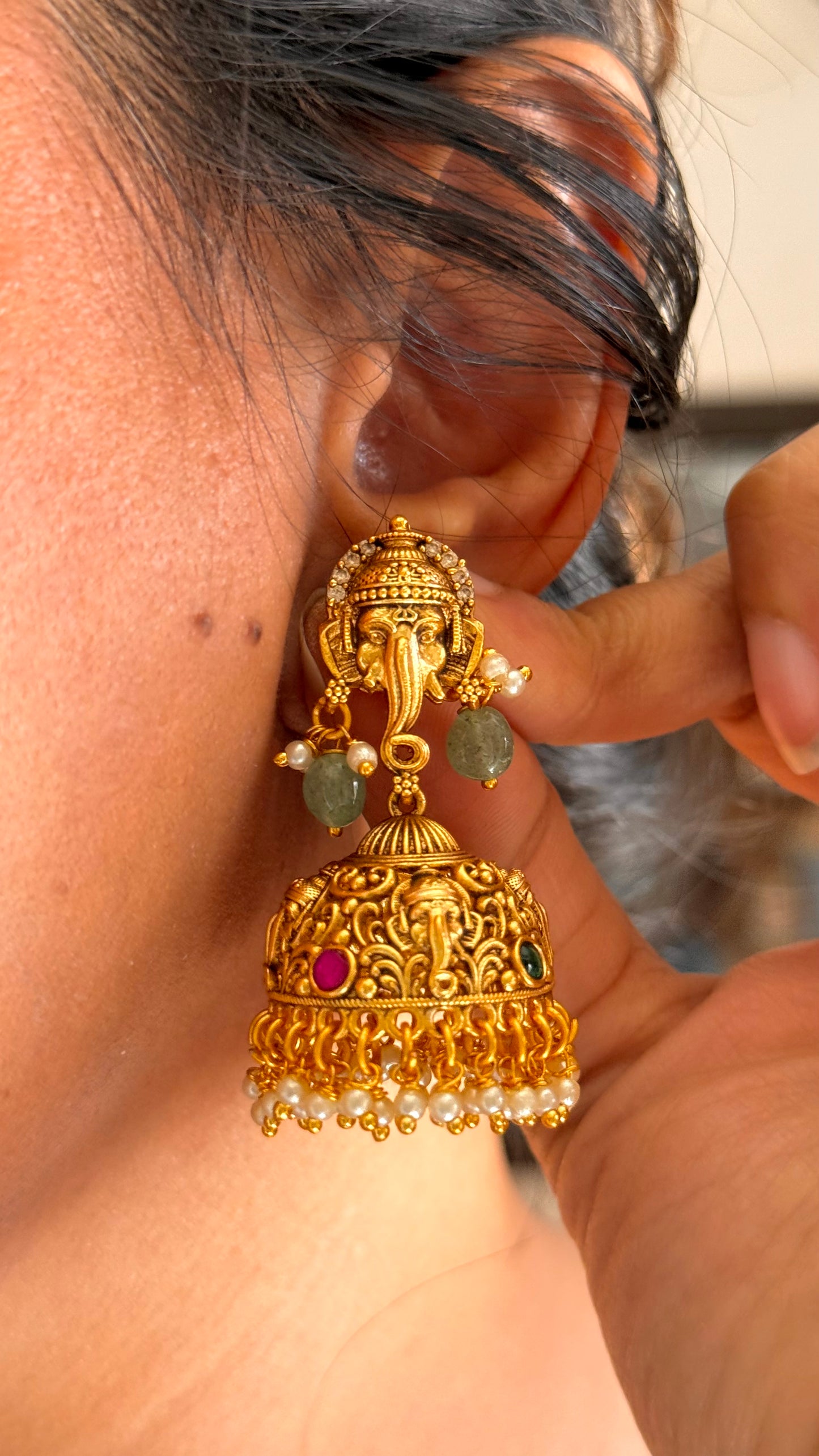 Ganeshji inspired ruby with mint drops Pendant set