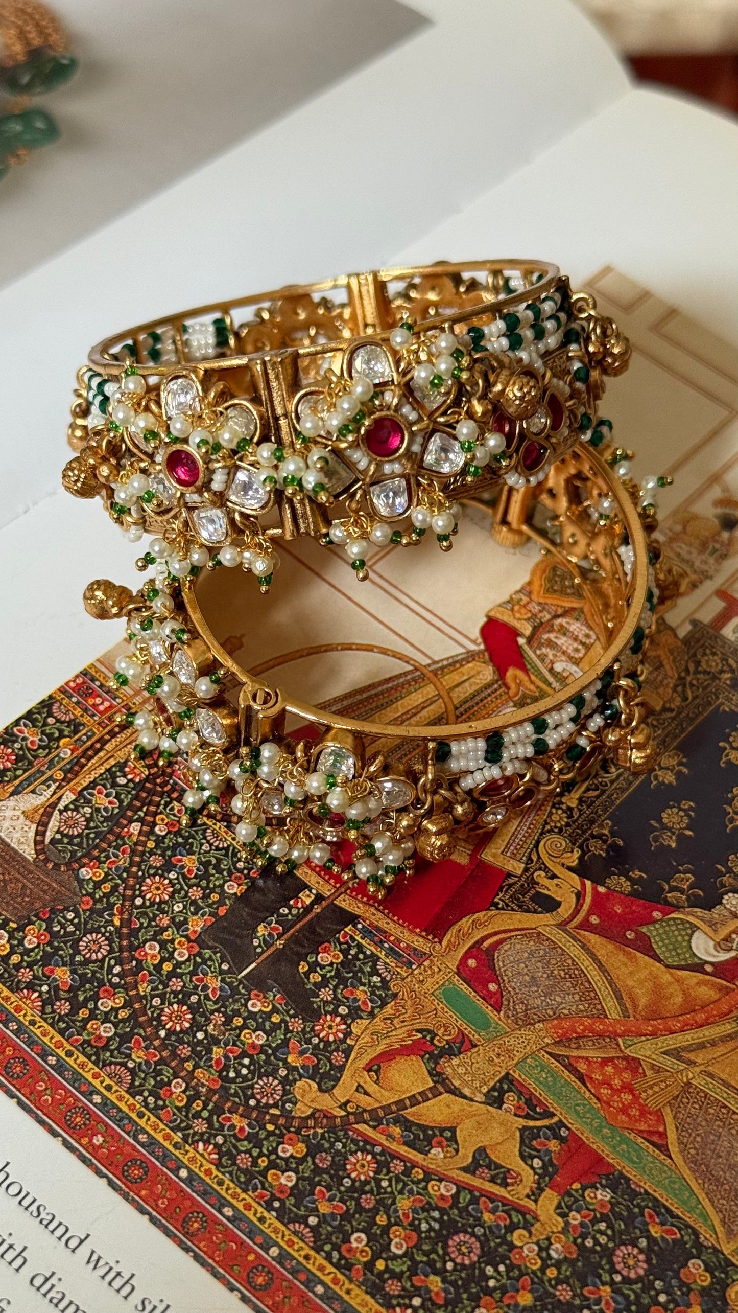 Rani pink floral with emerald rajwada openable bangle