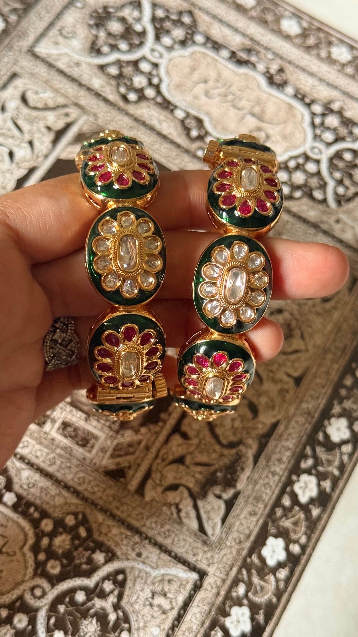 Emerald meenakari & Rani pink floral openable bangle