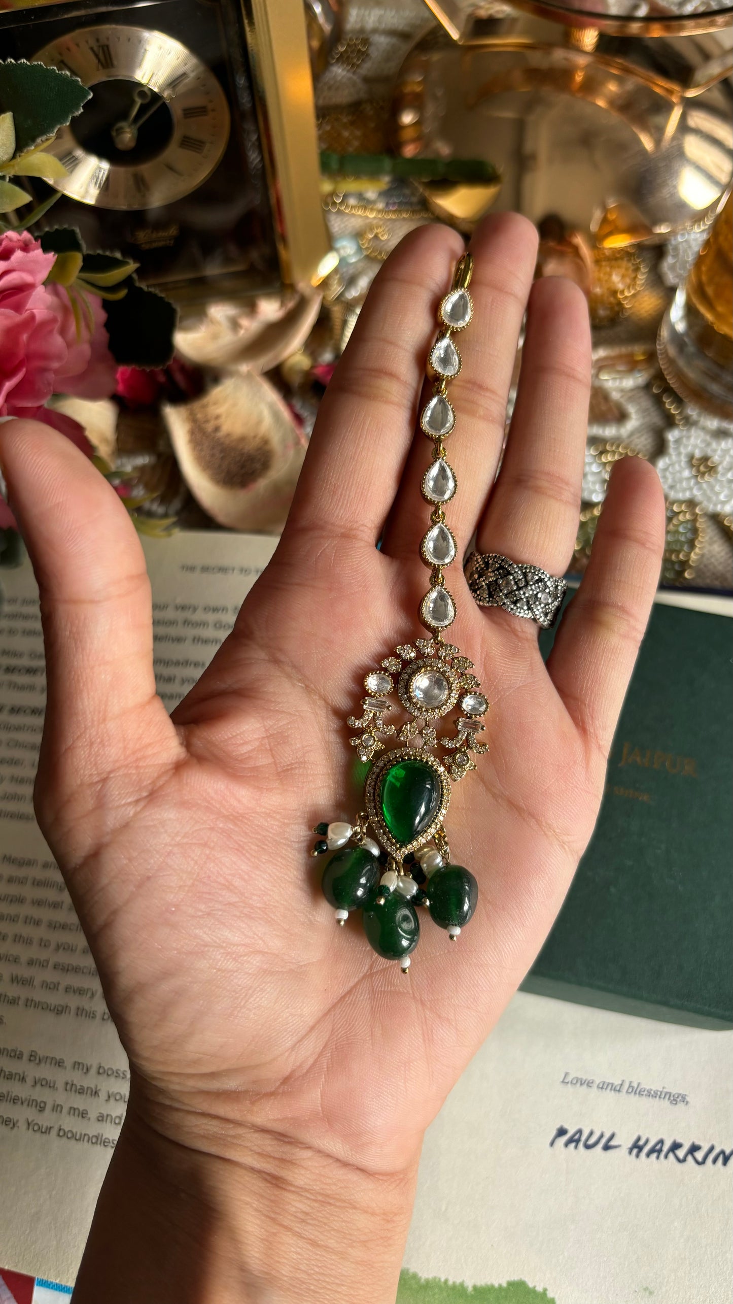 Invert drop emerald polki maangtika