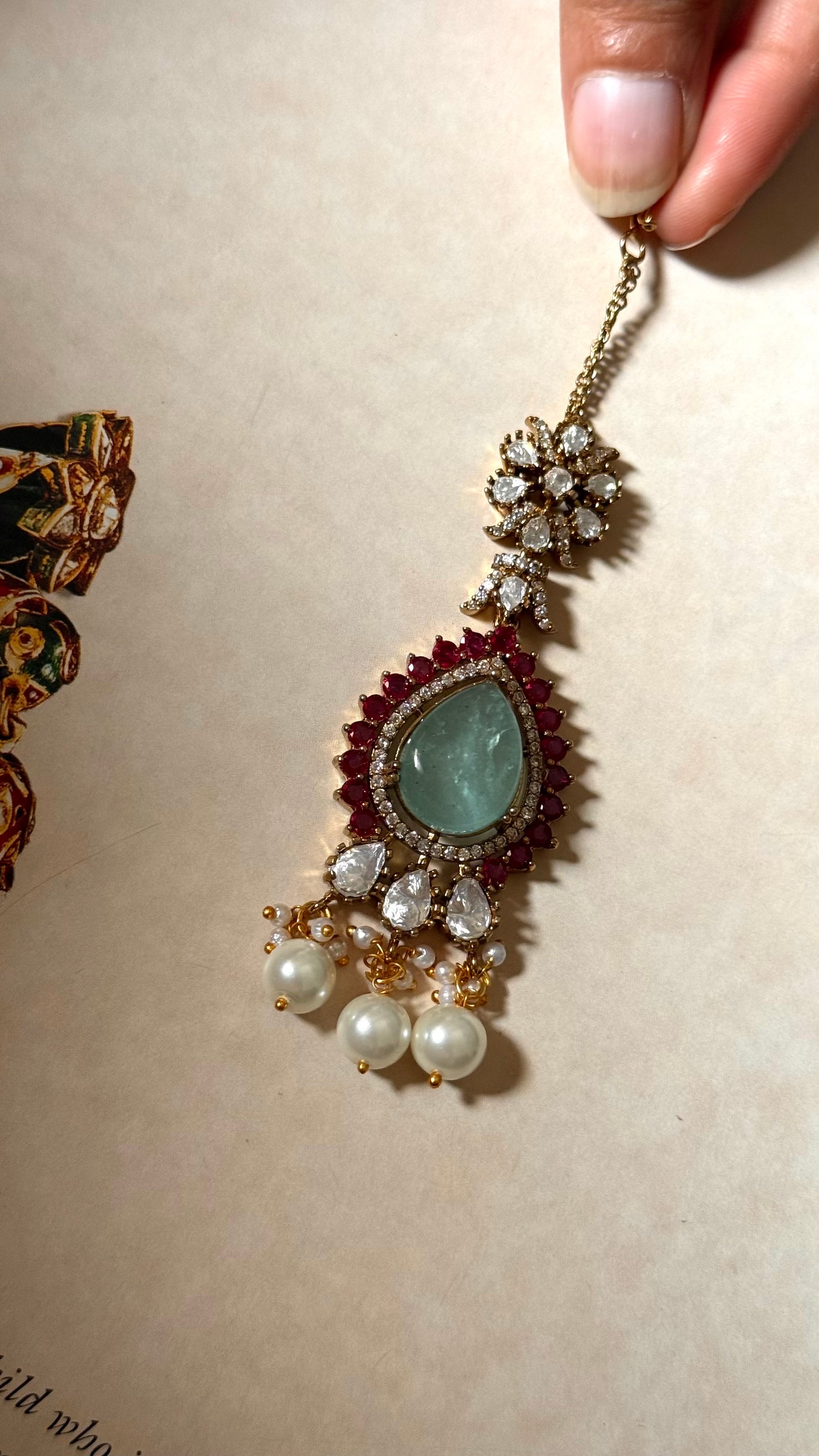 Mint & Rani pink Moissanite with drops Maangtikka