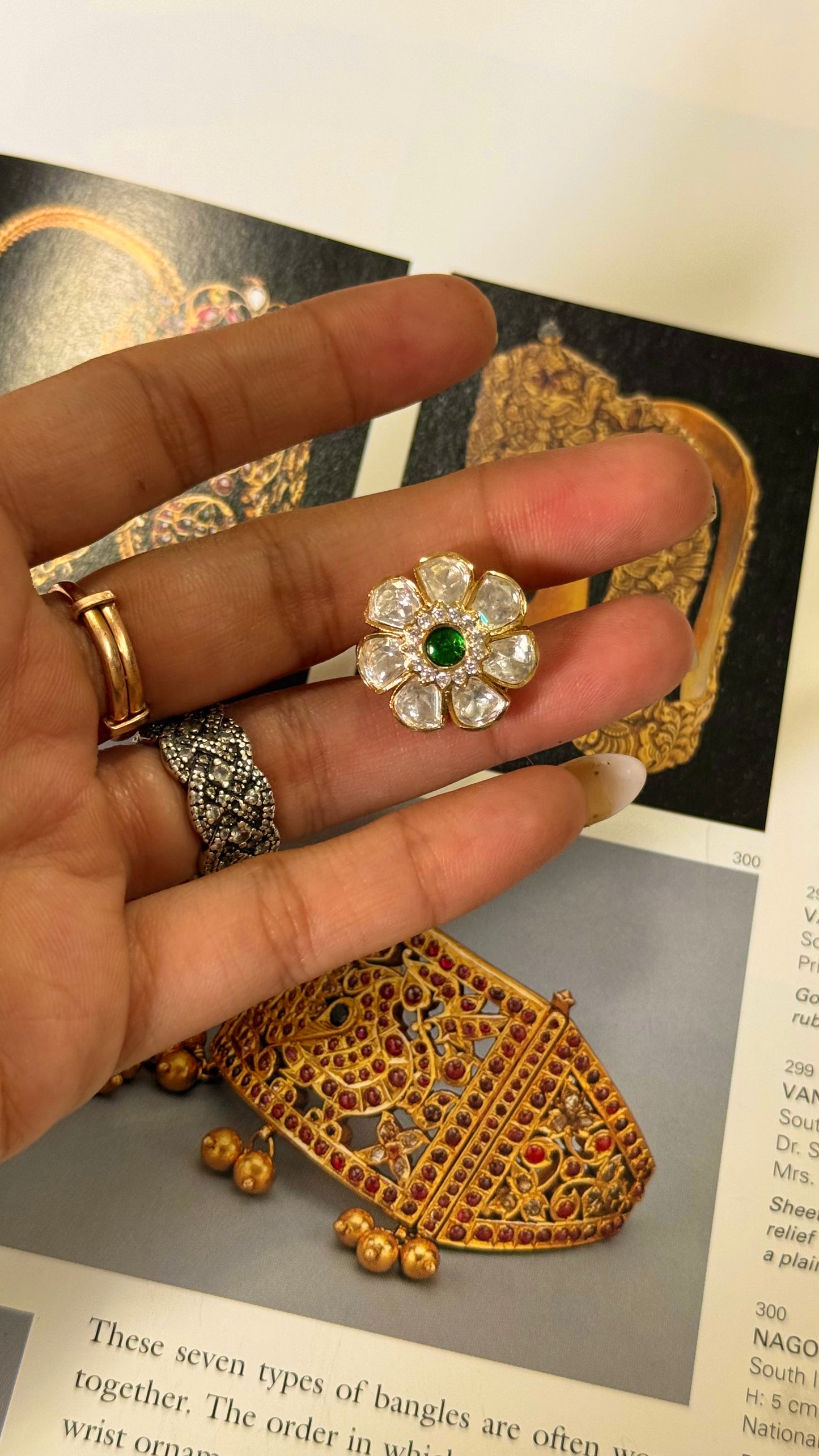 Emerald floral Polki adjustable ring