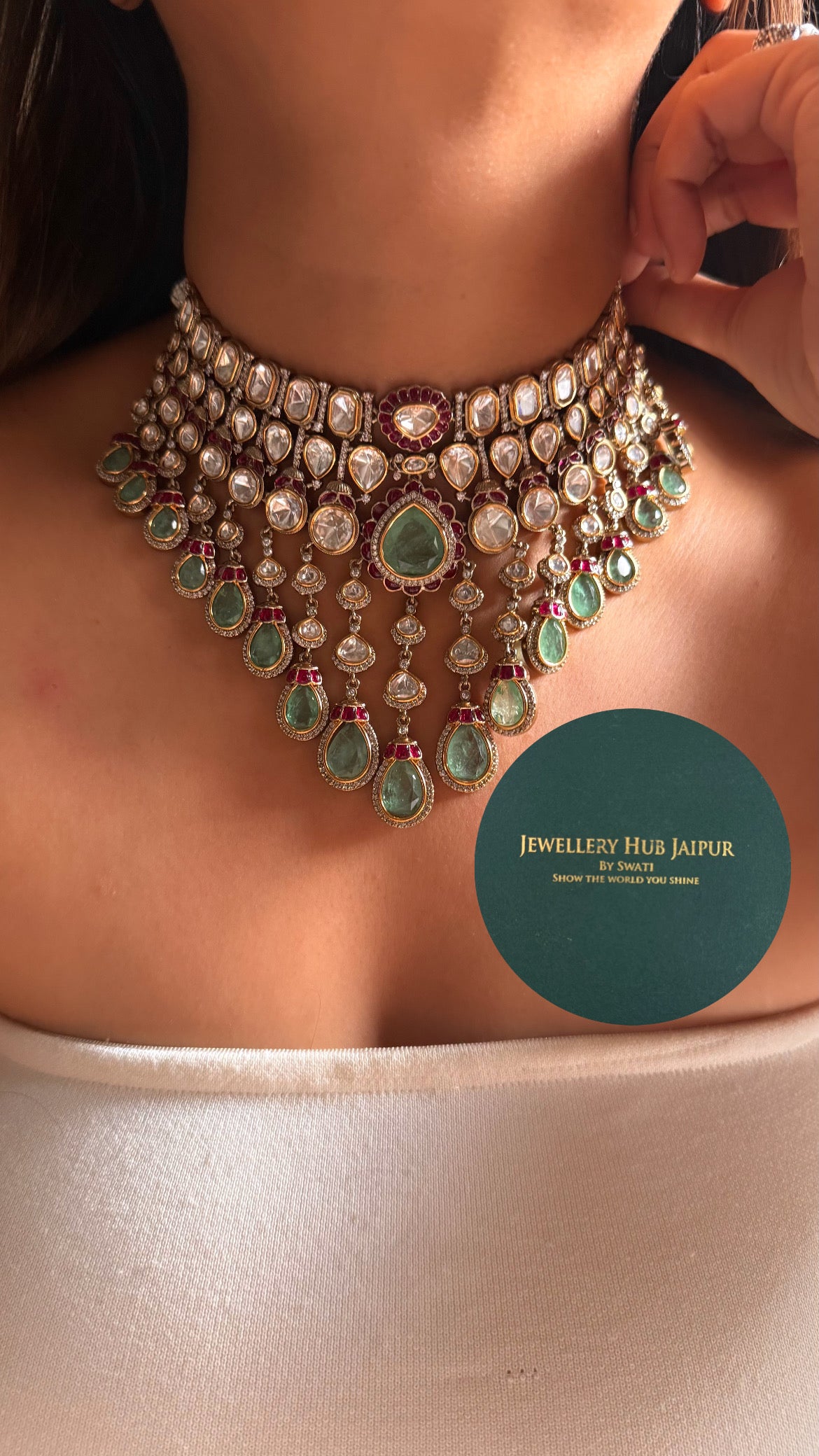 Mint doublet & rani pink moissanite uncut polki bridal choker set